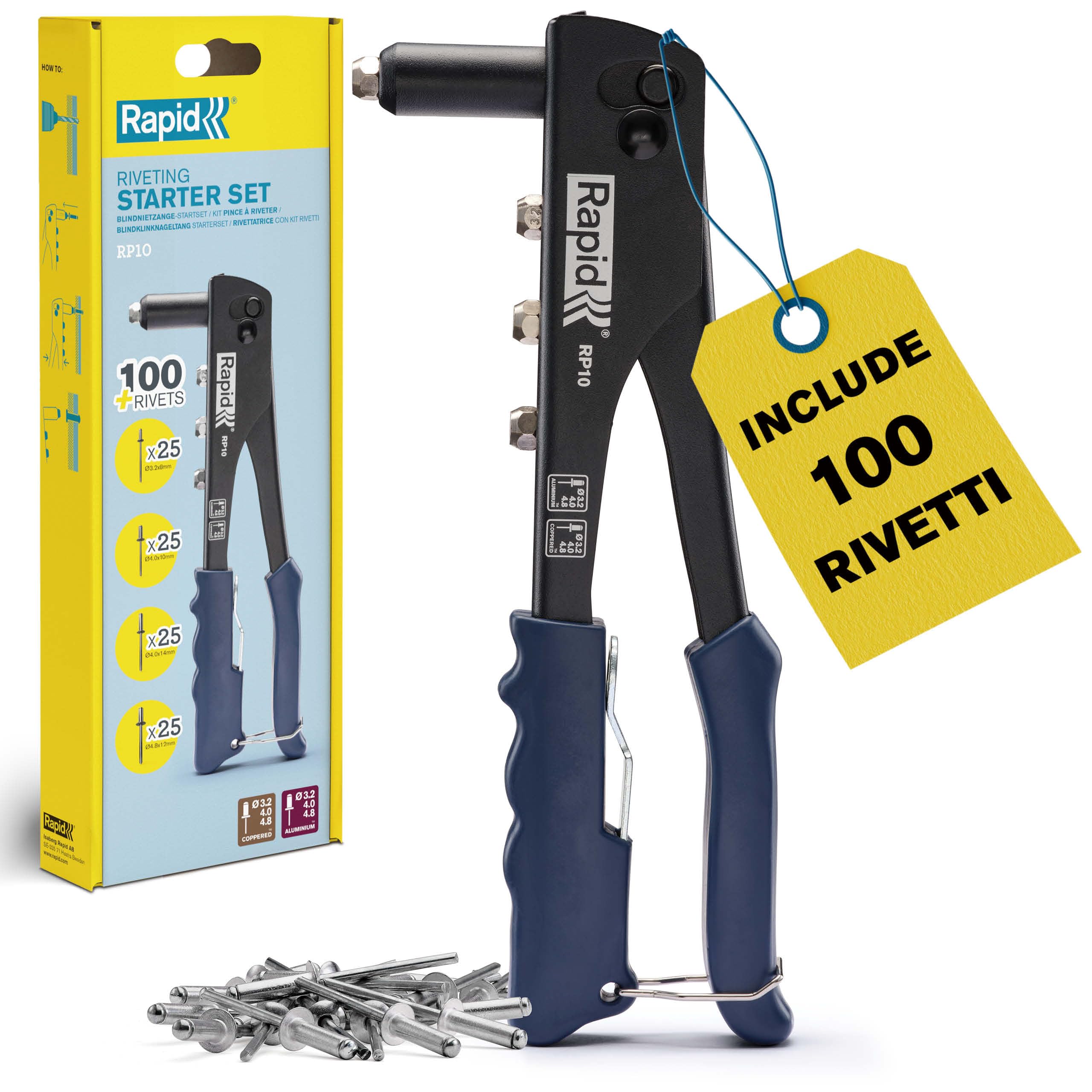 Rapid RP10 Kit Rivettatrice Manuale con 100 Rivetti Alluminio 3.2-4.8mm Impugnatura Morbida