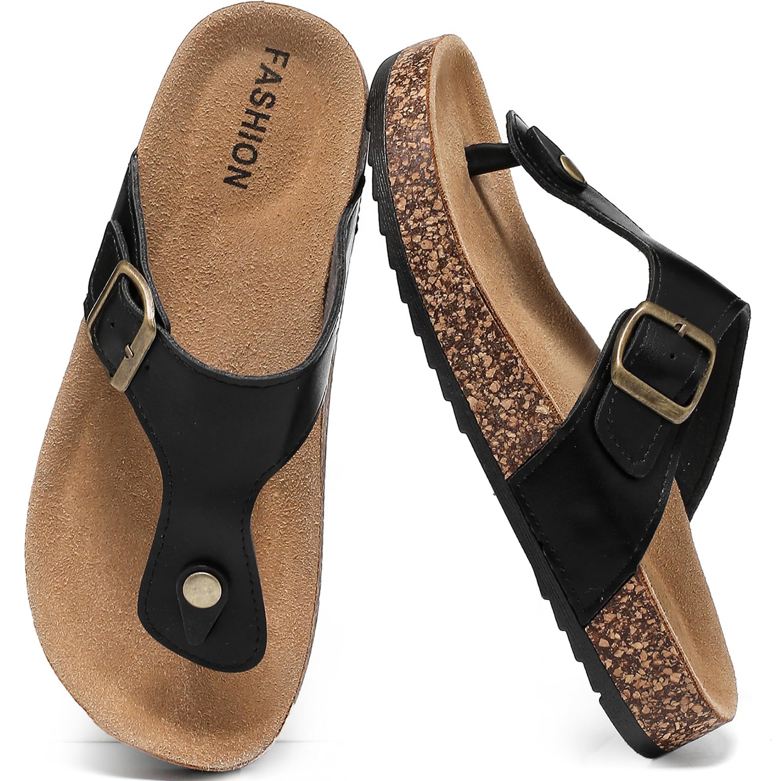 DDXYYDS Leather Thong Cork Sandals for Men & Women, Water-Resistant Flip Flops with Cork Footbed & Memory Foam, Comfortable Summer Slides