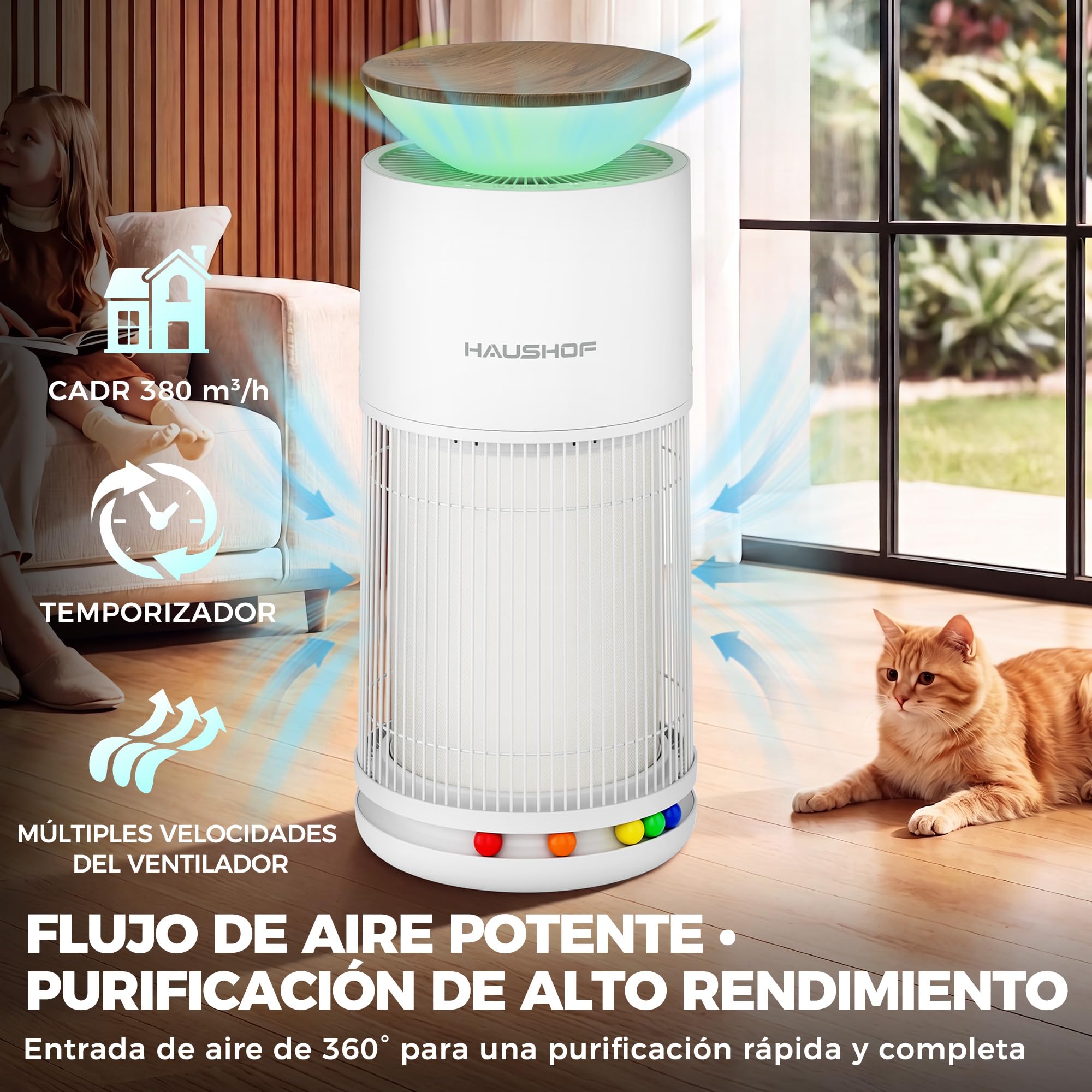 HAUSHOF Purificador de Aire HEPA H13 CADR 380 m³/h para Hasta 45 m²