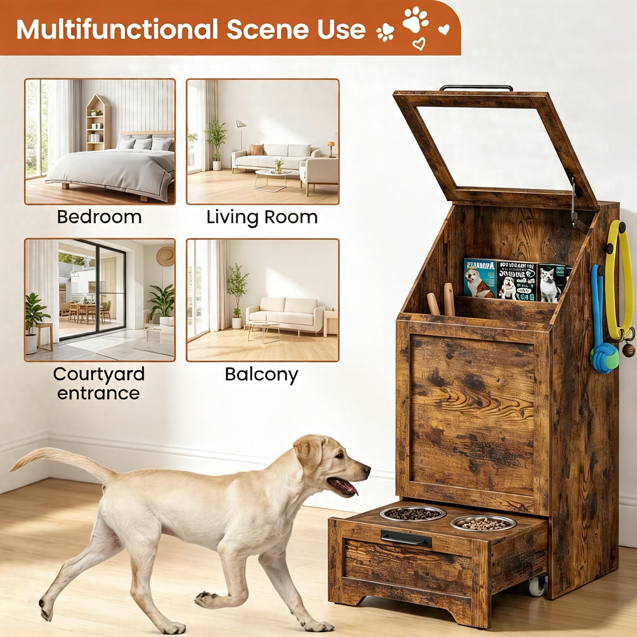 Comedero multifuncional para perros con armario de almacenamiento, cuencos elevados de acero inoxidable y ganchos para accesorios – Comedero de madera para perros y gatos para cocina o comedor