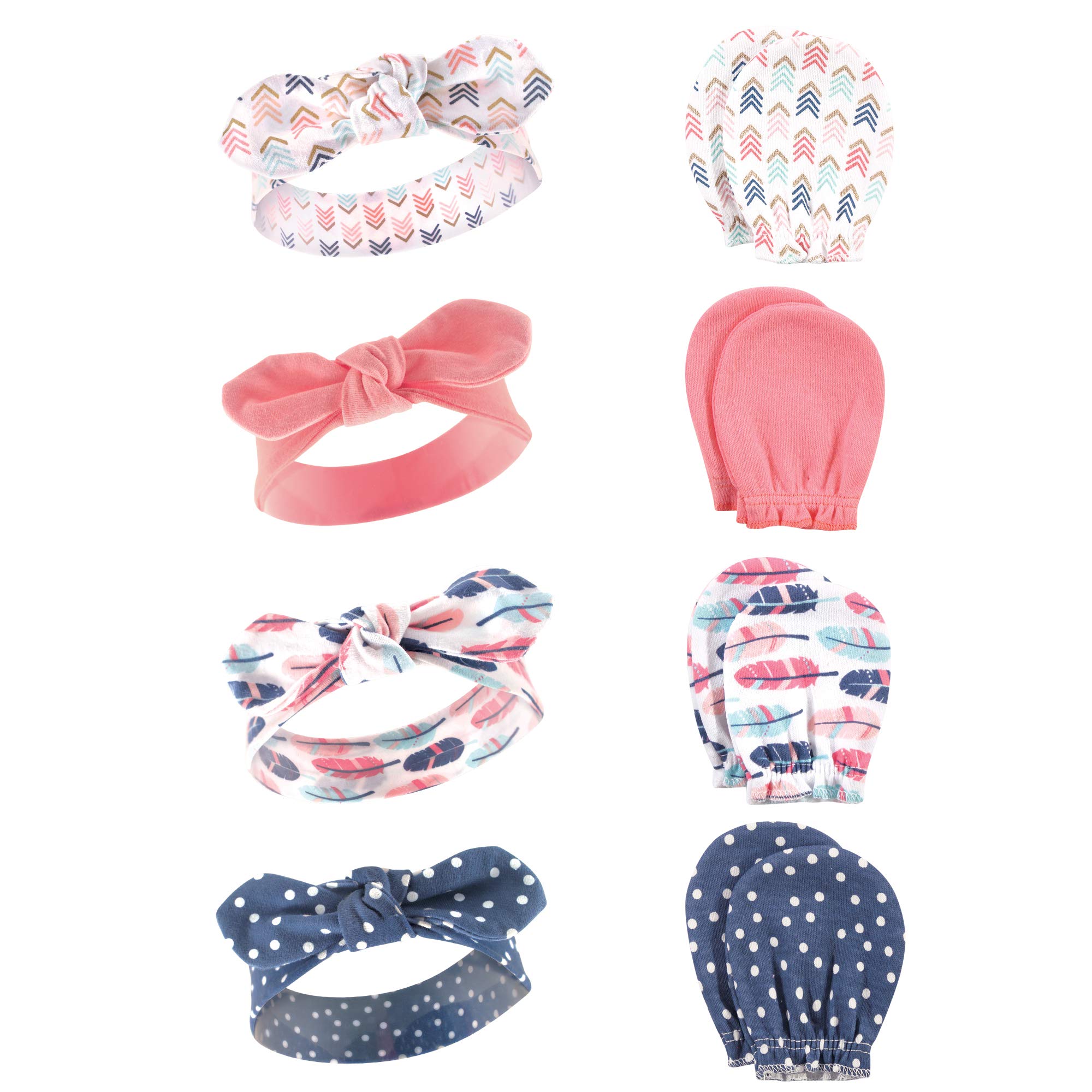 Hudson Baby Unisex Baby Cotton Headband and Scratch Mitten Set, Feathers, 0-6 Months
