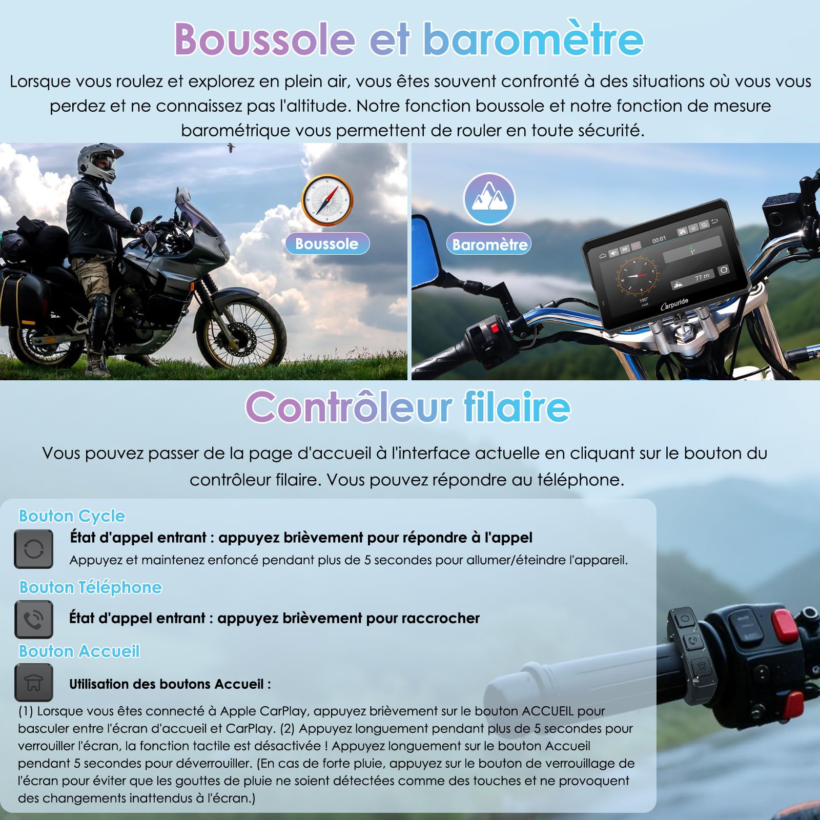 CARPURIDE W702RS Pro Écran Carplay pour Moto avec Radar BSD et Support BM05 | Sans fil CarPlay & Android Auto, écran tactile étanche 7", Fonction Interphone, Double Bluetooth, Contrôleur Filaire