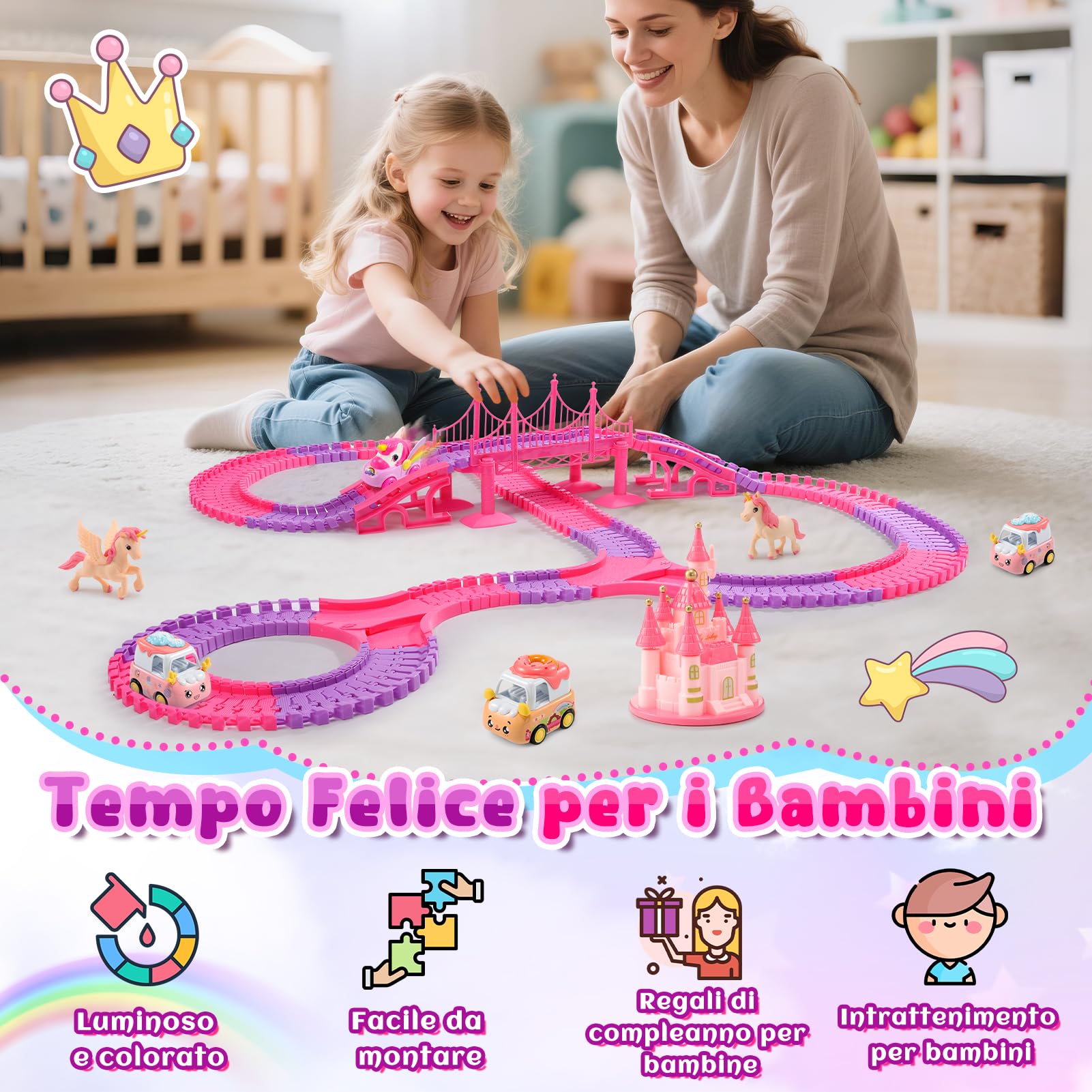 iKidiki Unicorno Bambina Regalo 3 4 5 6 7 8 Anni, Pista Macchinine Giochi Bambina 3-8 Anni Femmina Piste Macchinine per Bambini Giocattoli Bambinas Gioco Bimba Regalo Bambinas Regali Natale