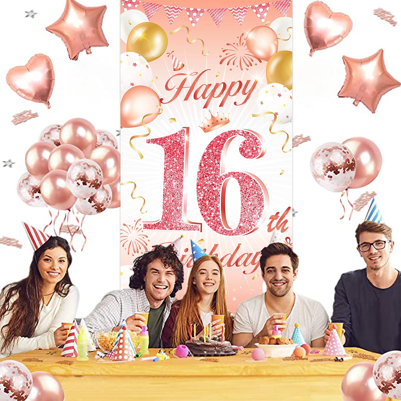16th Birthday Backdrop Sign - 180x90cm Rose Gold Fabric Banner For Girl's Party Decor