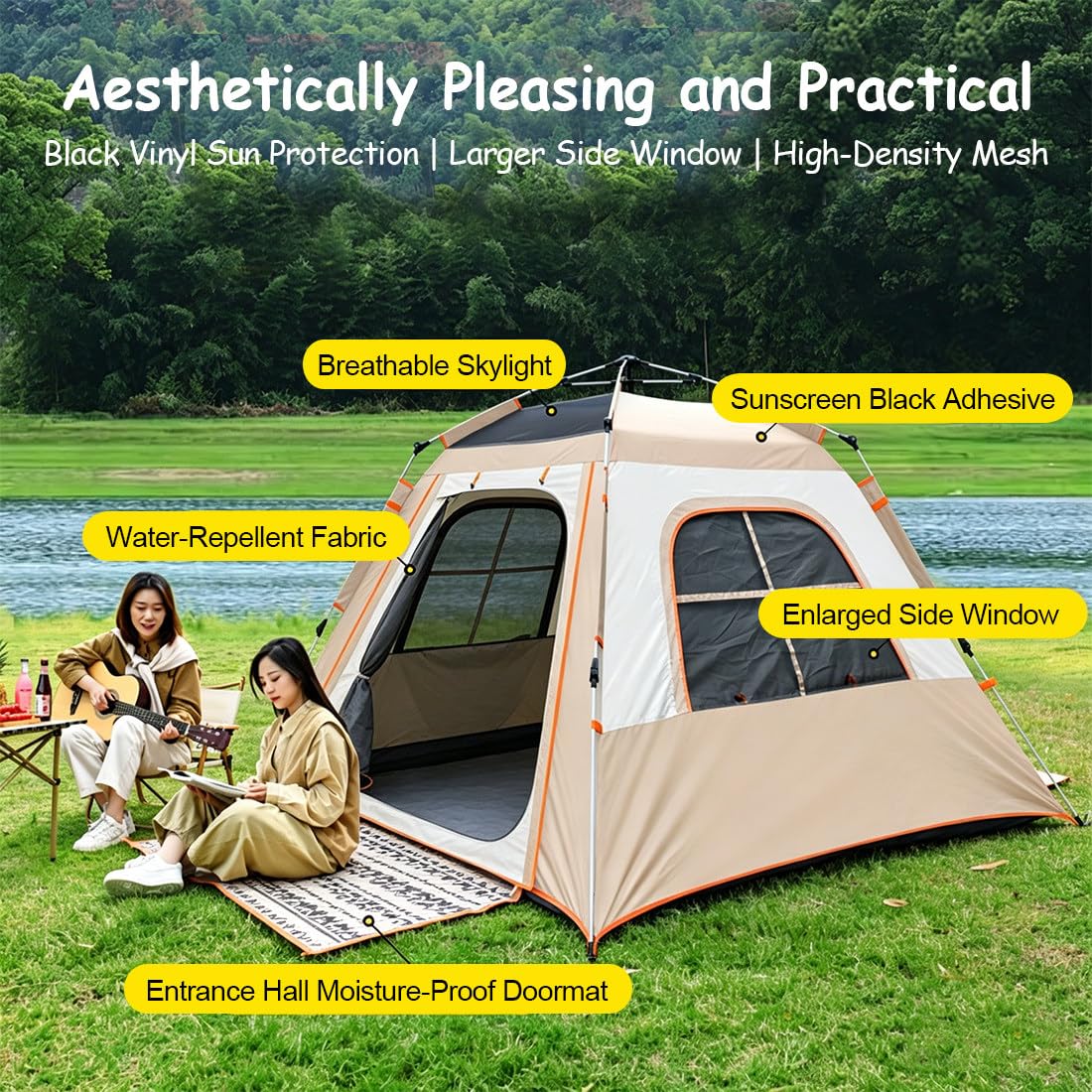 Tenda Glamping Impermeabile | Pop-Up Grande Portatile | Cabina Istantanea | Teepee a Campana a Doppio Strato, con Tettoia Extra E Pavimento Antisgocciolamento, per Ogni Avventura 2people