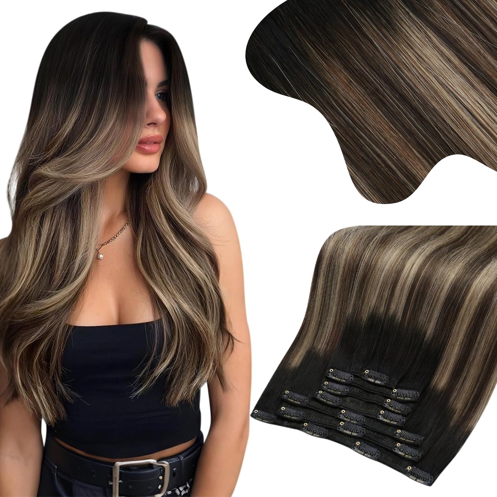 Moresoo Clip in Hair Extensions Remy Double Weft Human Hair Clip in Extensions Straight Balayage Hair Extensions for Women Ombre Black Mixed with