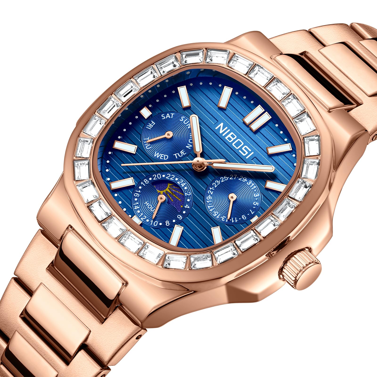 NIBOSI Orologio da polso da uomo analogico al quarzo multifunzione cronografo fase lunare impermeabile luminoso in acciaio inox