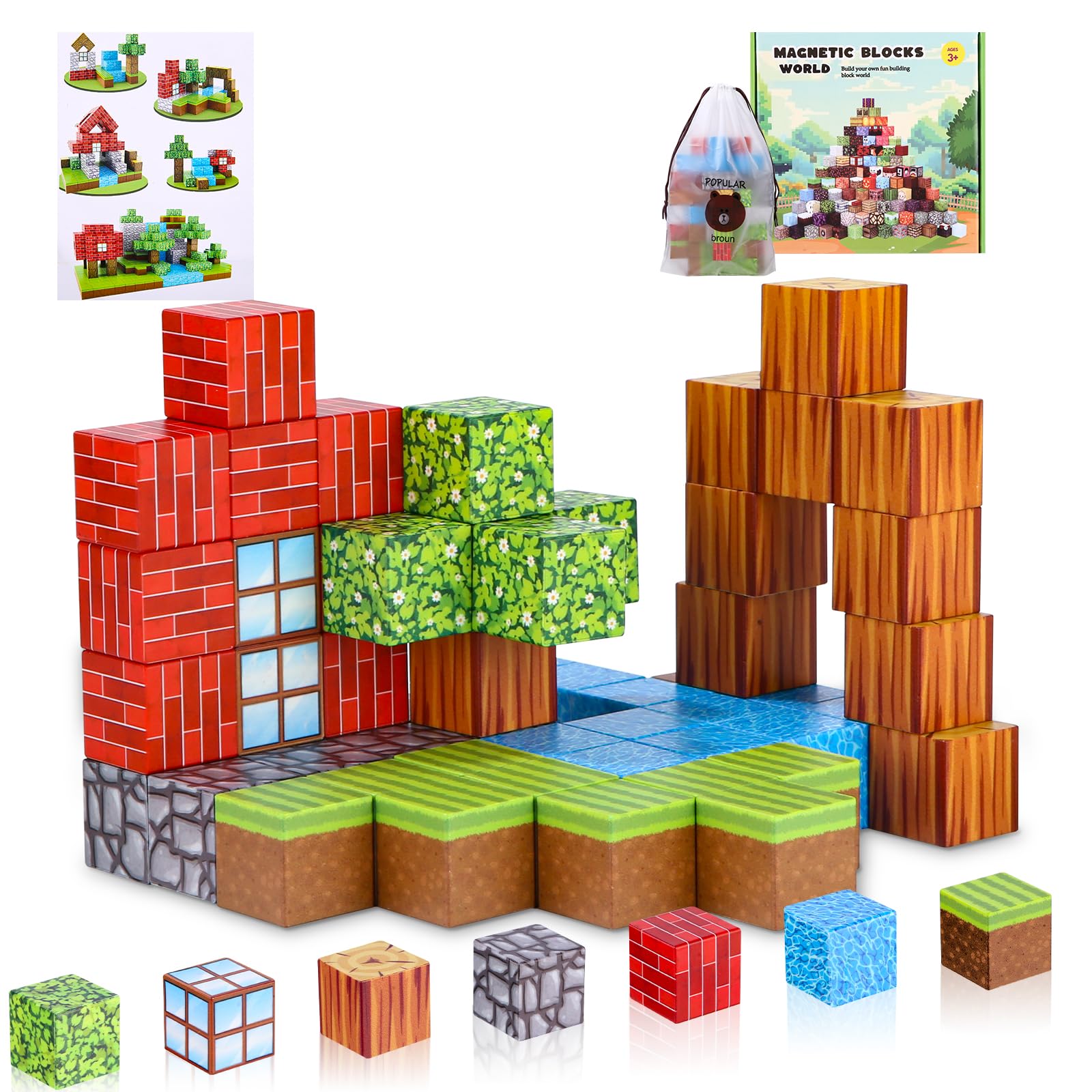 Putman Blocks – 100 Piezas Magnéticas Estilo Minecraft Con Bolsa Y Base, Juguete STEM Para Niños De 3 A 8 Años