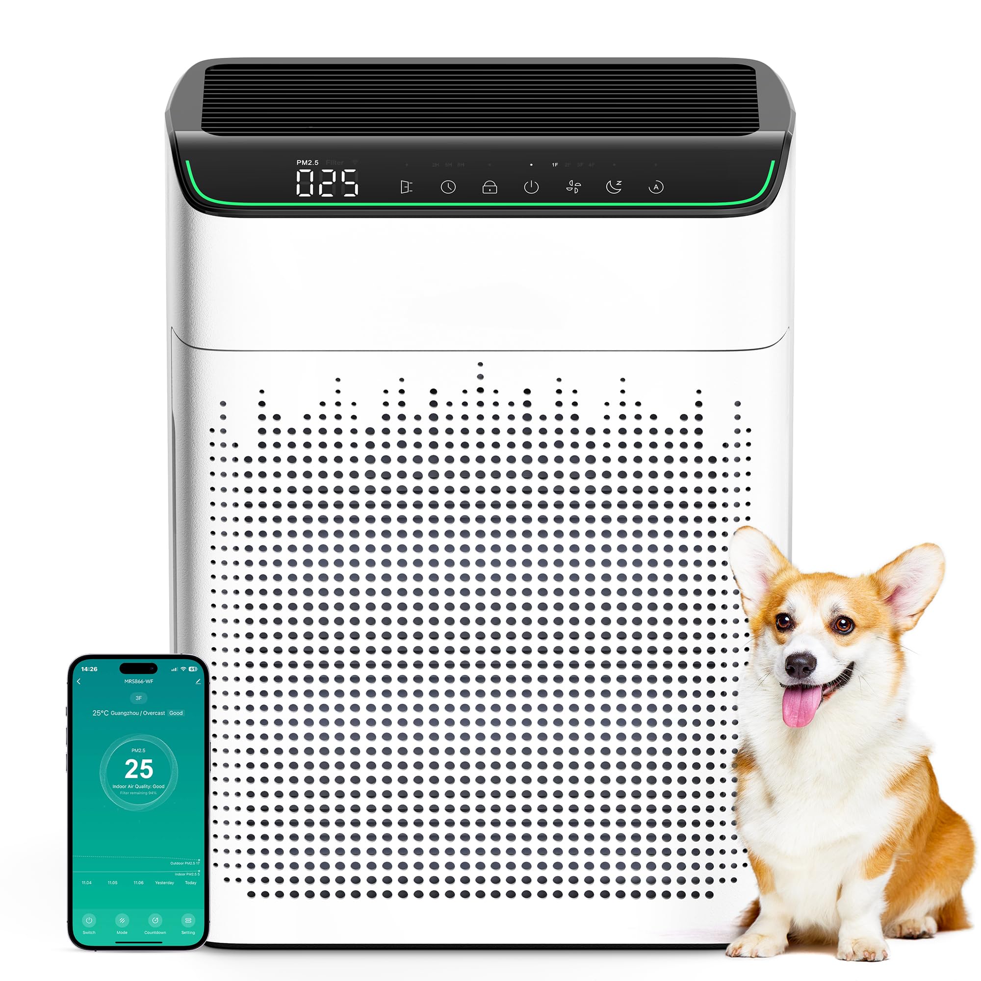 Luftreiniger Allergiker für Wohnung Raucherzimmer, Air purifier, CADR 340m³/h für 157㎡ Raucherzimmer, PM 2,5 Luftqualitätsmonitor, WiFi- und Alexa-kompatibel, 1 Pack + 4 Modi Strahlend Weiß