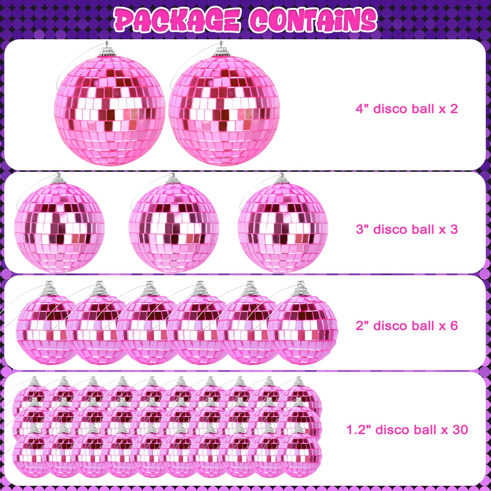 41 Pcs Small Pink Mirror Ball, Hanging Disco Ball Ornaments for Disco Theme Party Cake Topper, Christmas Tree, Wedding Party Backdrop, Birthday Decor Supplies(4/3/2/1.2 Inch)