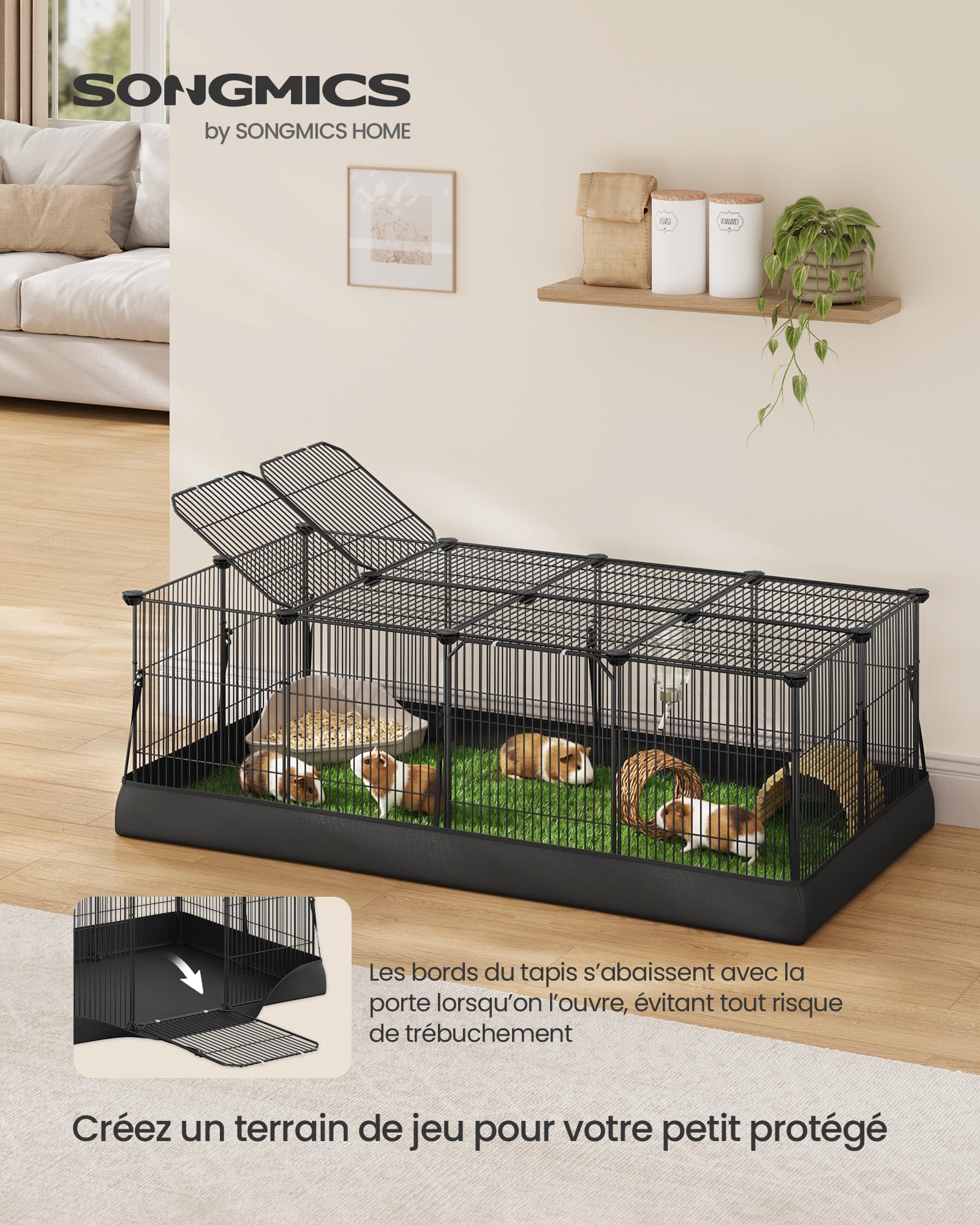 SONGMICS Enclos pour Petits Animaux, Parc Enclos, Tapis Imperméable, Double Porte, pour Lapins, Cochons d’Inde, 20 Panneaux, 123 x 63 x 41,5 cm, Noir d'encre LPI012BH01