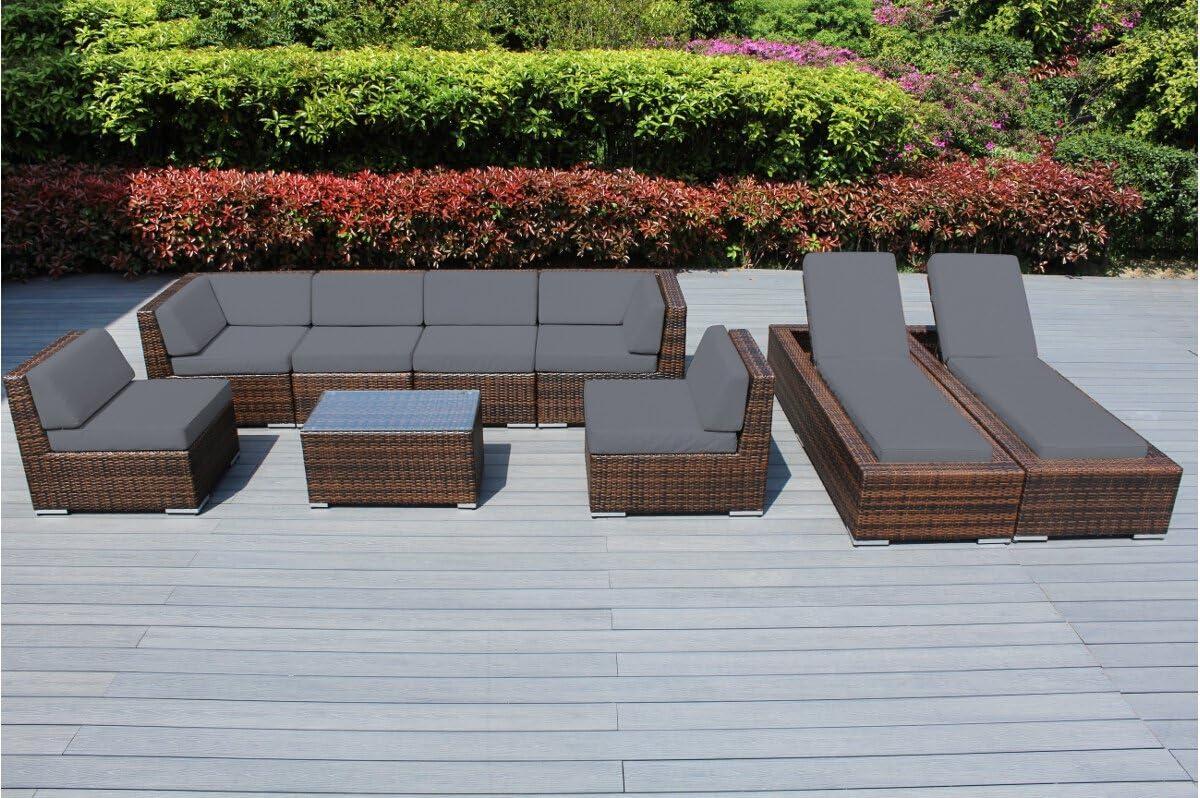 Genuine Ohana Outdoor Sectional Sofa and Chaise Lounge Set (9 Pc Set) with Free Patio Cover (Mixed Brown/Gray)