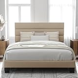 Allewie Queen Size Platform Bed Frame with Fabric Upholstered Headboard and Wooden Slats Support, Fully Upholstered Mattress Foundation/No Box Spring Needed/Easy Assembly, Beige