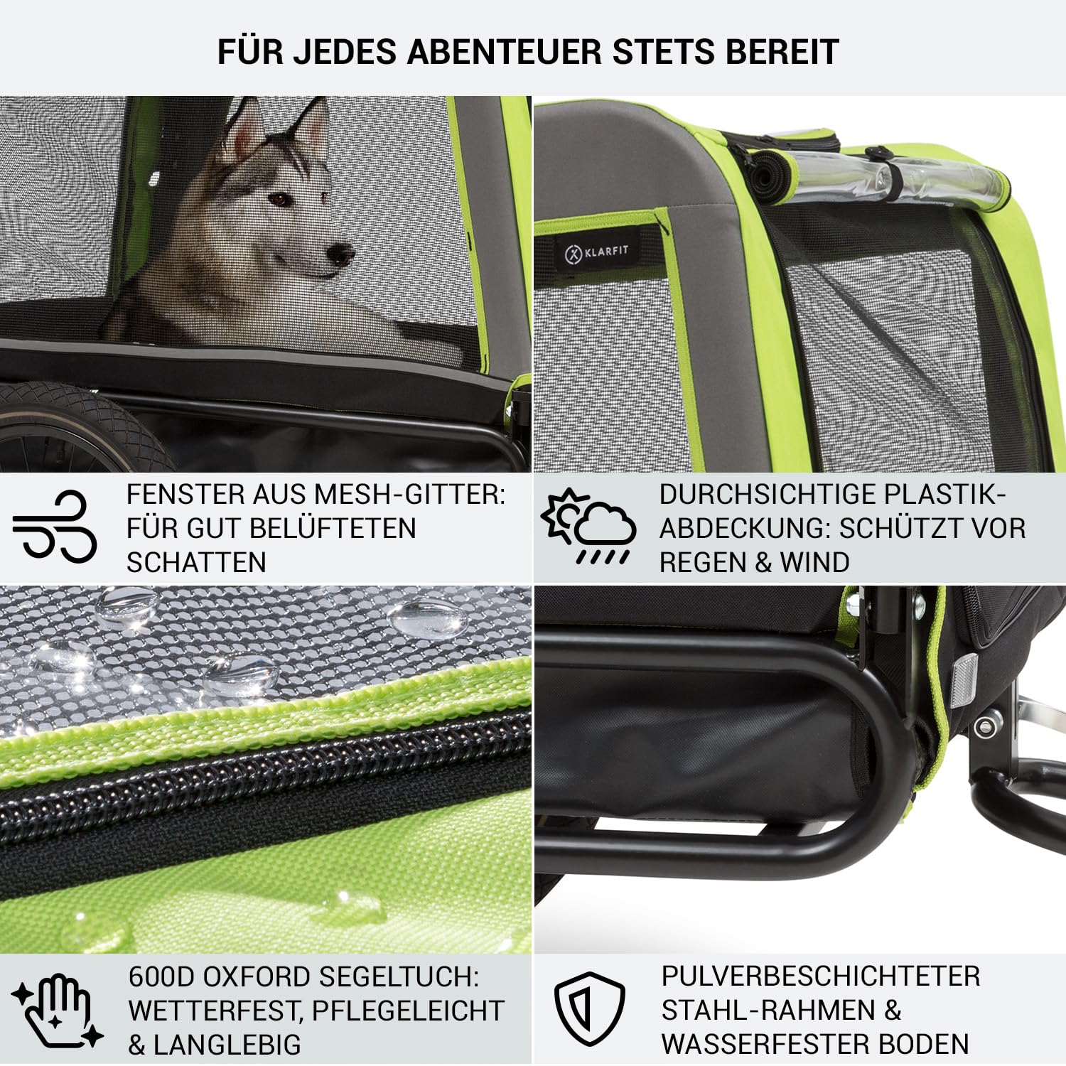Klarfit Fahrradanhänger für Hunde, 2-in-1 Hunde Fahrradanhänger & Hundebuggy, Hunde-Fahrradanhänger Klappbar, Fahrradanhänger Hund, Hundeanhänger Gefedert mit Reflektoren & Leine, für Hunde bis 40kg