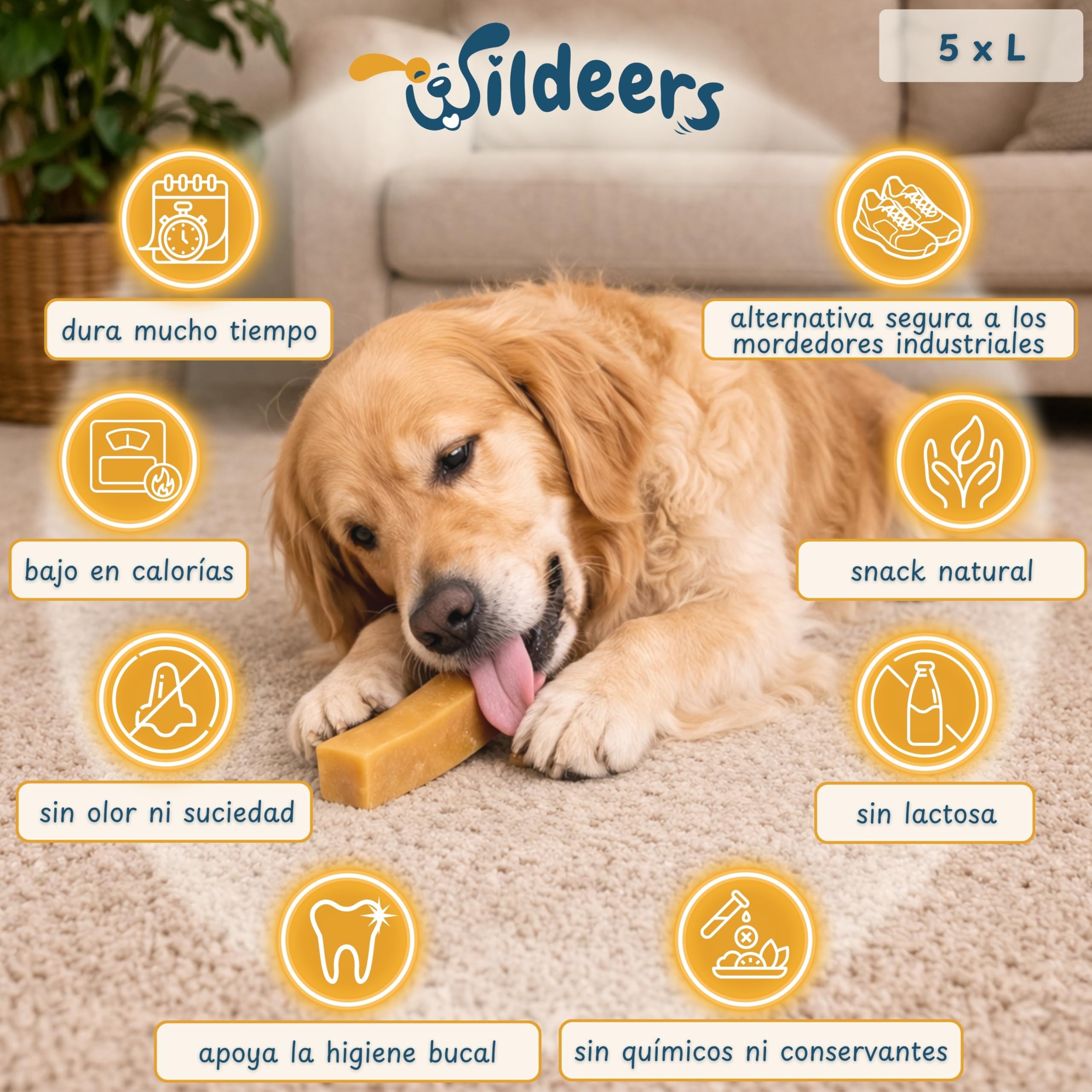 Wildeers Churpi Huesos para Perros de Queso de Yak, L, 13-16 cm, 5 uds
