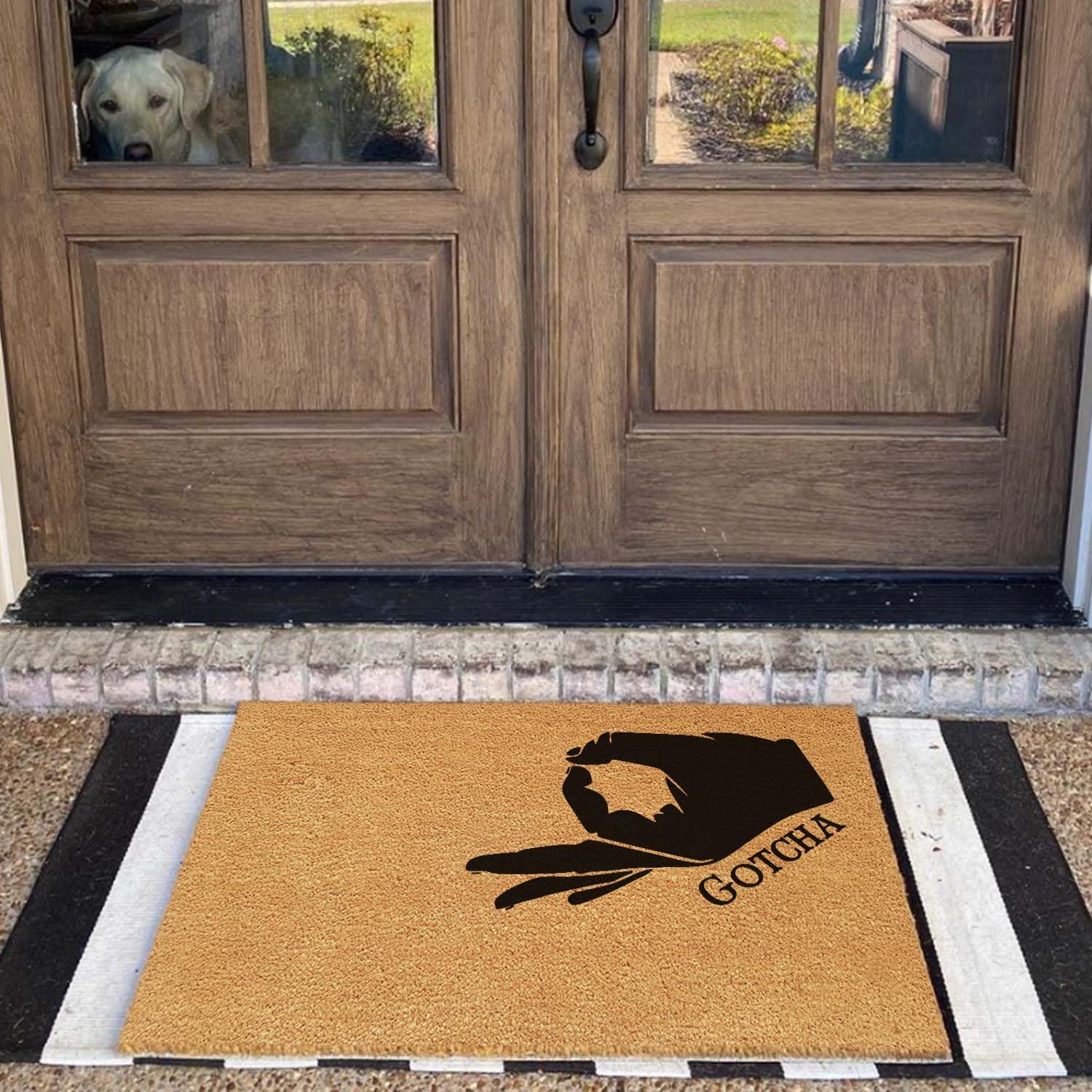 Paillasson amusant en fibre de coco Game Okay Hand Gotcha Welcome Porche Decor Paillasson pour l'entrée personnalisé en PVC robuste antidérapant pour entrée extérieure 60 x 40 cm Cadeau de pendaison