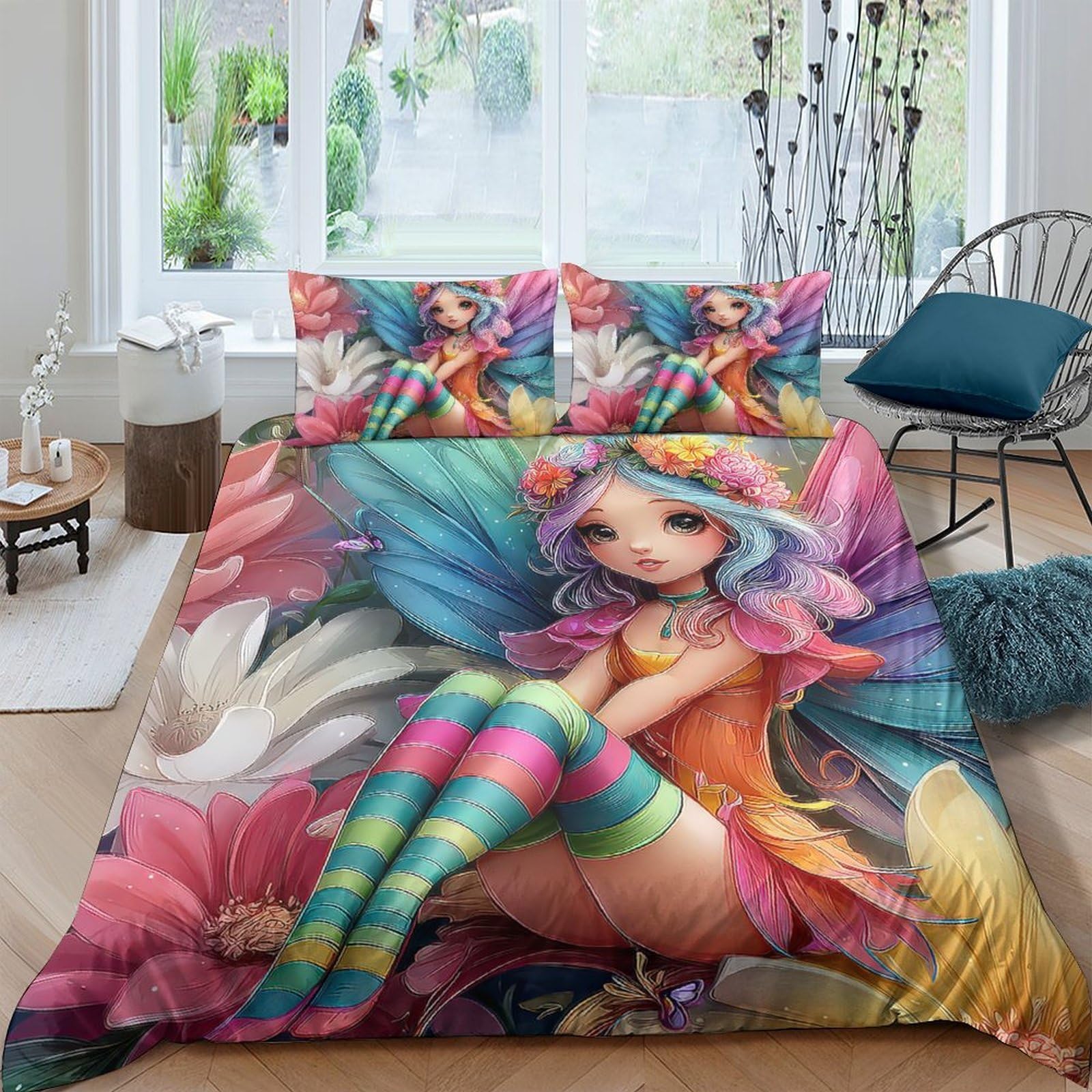 Ctjqhvkz Style-2 3D Printed Fantasy Fairy Fitted Sheet Microfiber Soft Breathable Colorful Wings Bed Cover For Bedroom Dorm Decor Single（135X200cm）