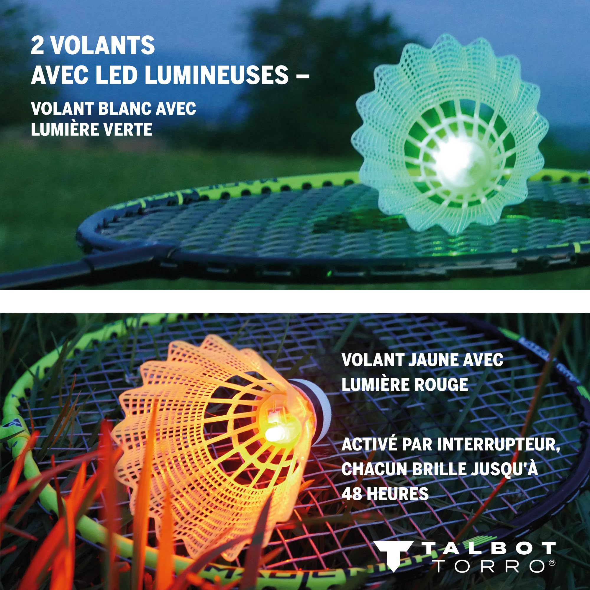 Talbot Torro Set de Badminton Magic Night, 2 Raquettes et 2 Volants avec LED, pour Jouer pour la Nuit, Dans un Sac, 449405