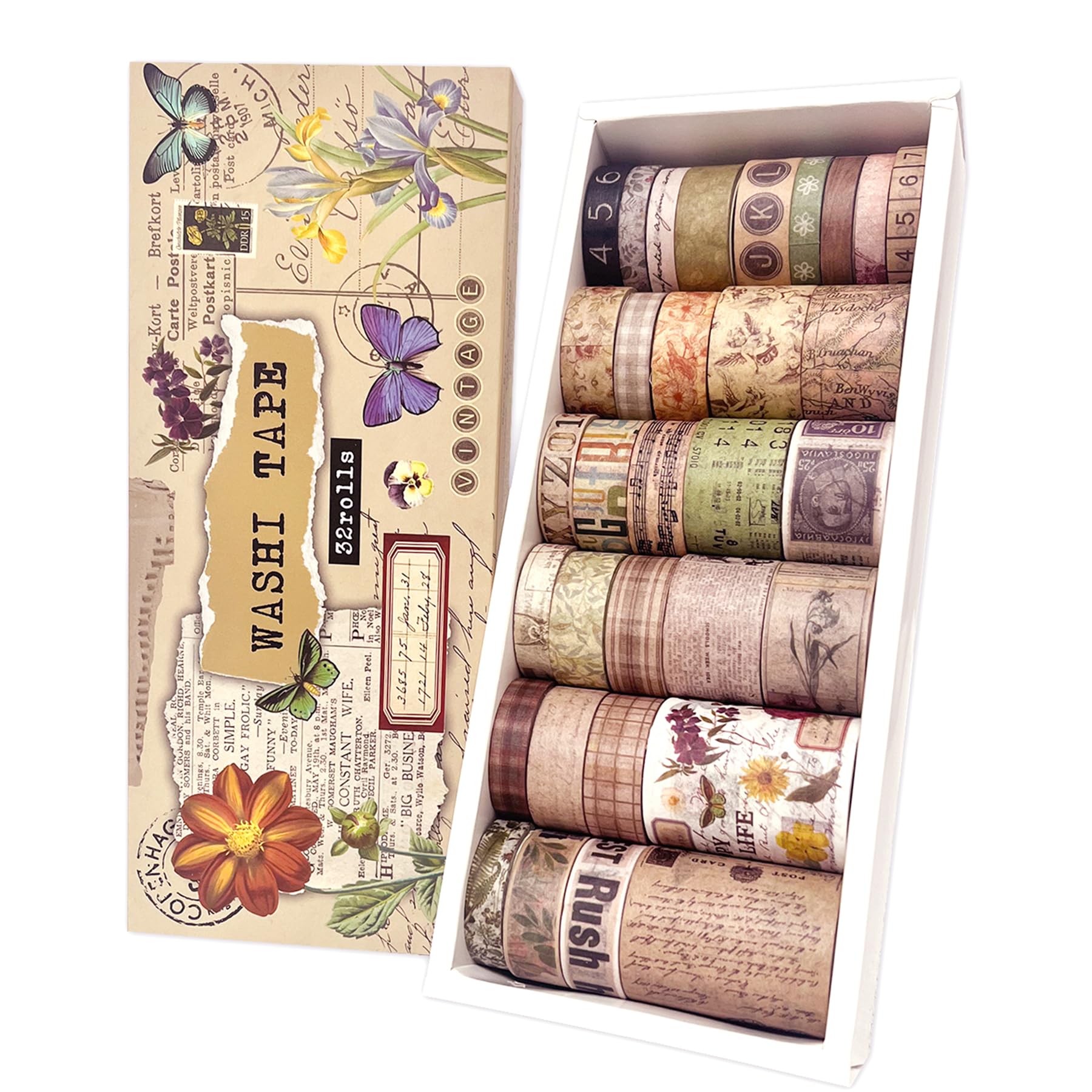 bomichi 32 Rolls Vintage Washi Tape Set - Aesthetic Scrapbook Tapes for Journaling, Crafting, DIY Decor | Acid-Free Repositionable Adhesive | Gift Packaging