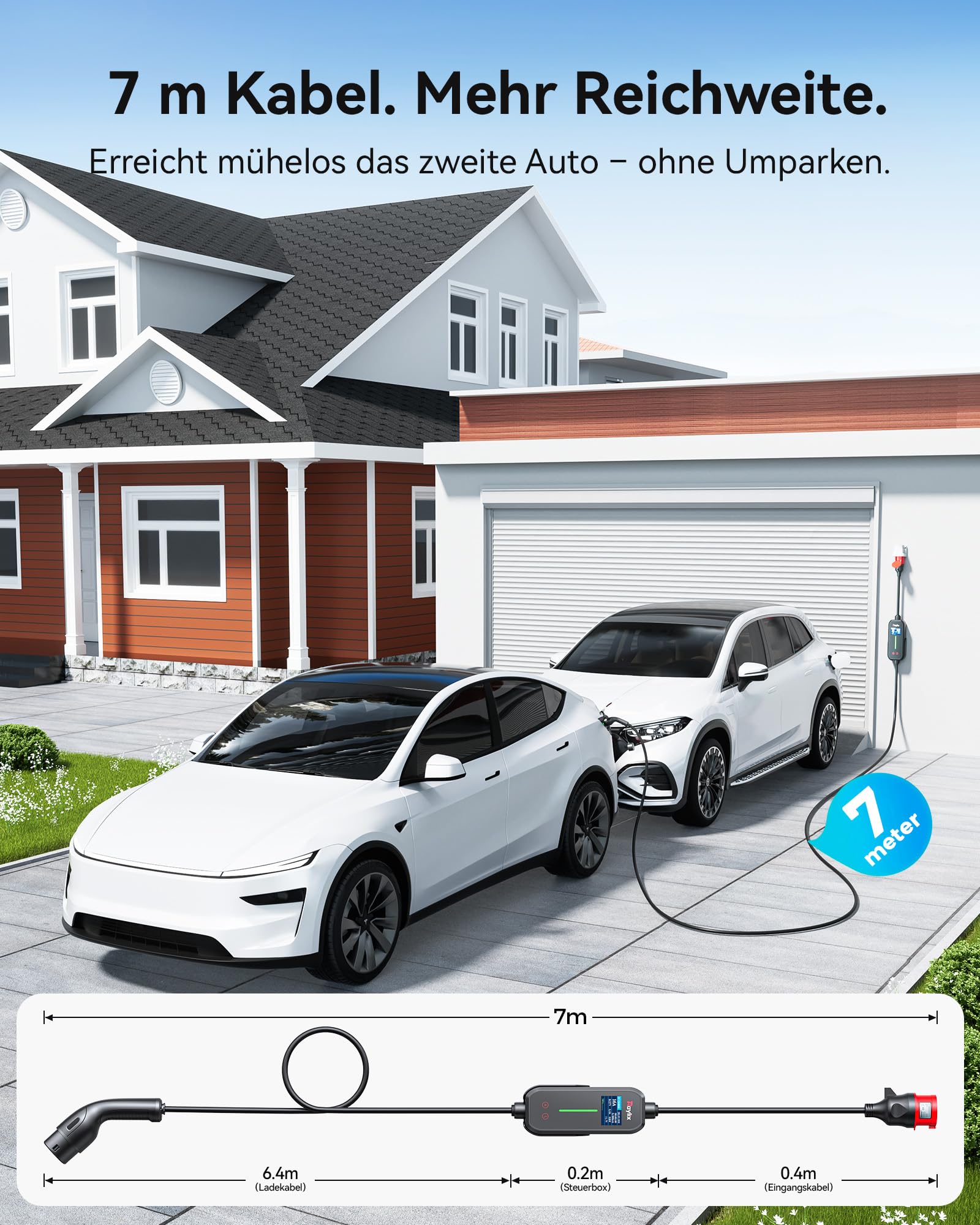 Raylix 2026 Neu 11kW Mobile Wallbox Typ 2 Ladekabel (7m 8A-16A 3-Phasig) mit Stromzähler & Einstellbarem Strom & Verzögertem Laden, Ladekabel CEE 16A auf Typ 2 und Ladestation Ladeziegel EV Charger