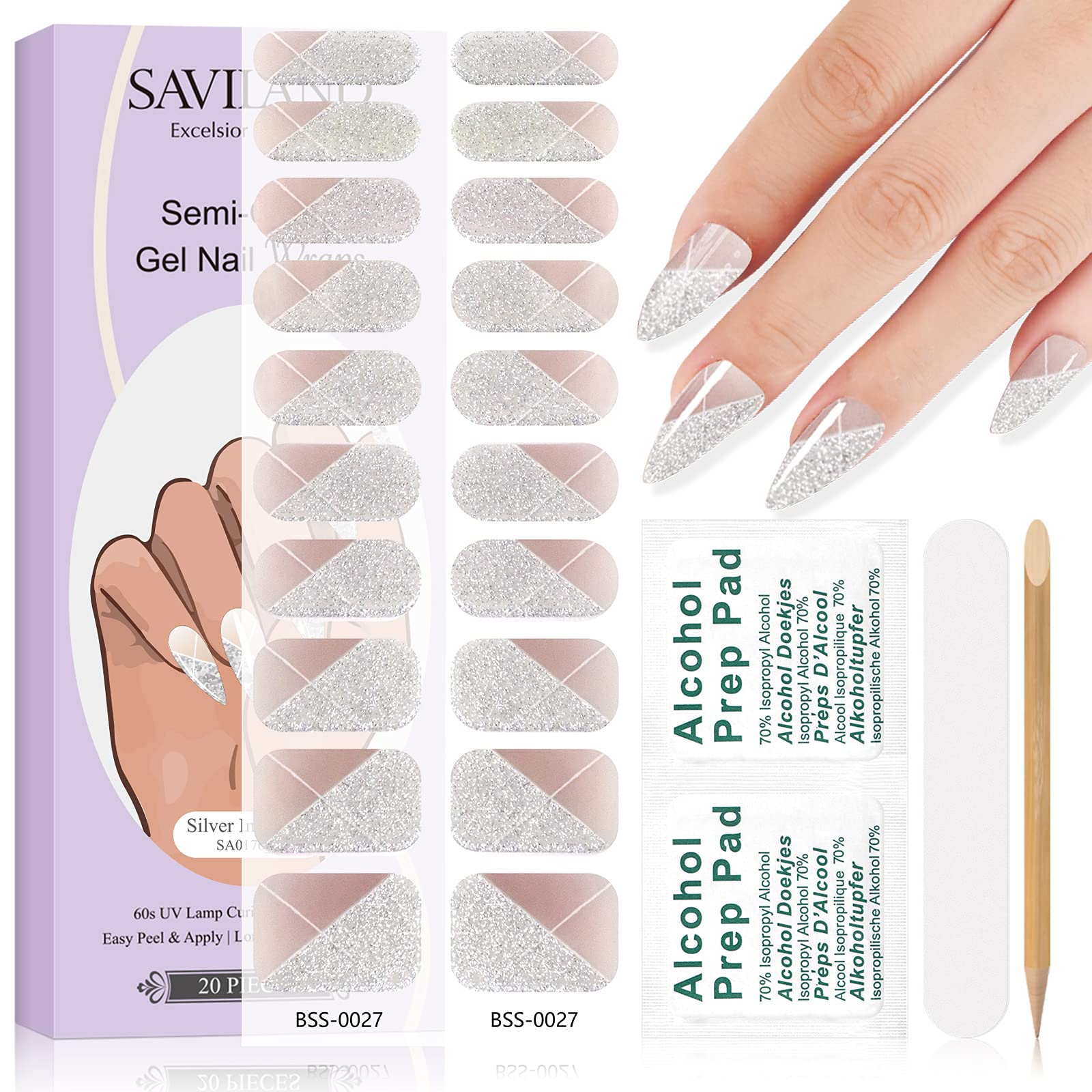 Saviland Semi Cured Gel Nail Strips - 20PCS 10 Sizes White Glitter Gel Nail Polish Wraps Adhesive Gel Nail Strips for Nail Design with Wooden Stick, Nail File & Nails Wipes