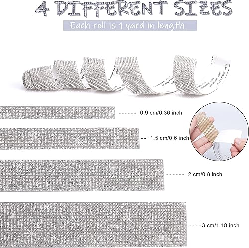 Miniatura 2 de 4 rollos de cinta de cristal de diamantes de imitación autoadhesiva, calcomanía de decoración con diamantes de imitación de 0.079 pulgadas para