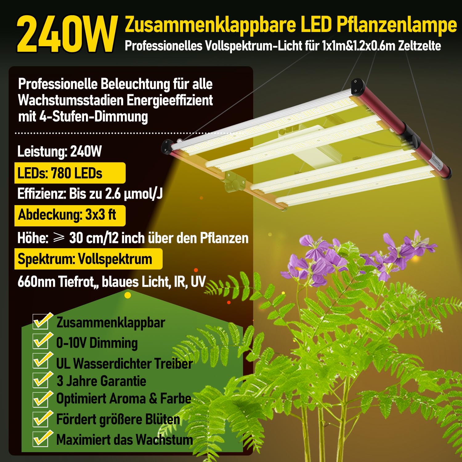 Juego completo de tienda de campaña para cultivo (120 x 60 x 180 cm, hidroponía interior, incluye lámpara LED plegable de 240 W y sistema de ventilación de espectro completo)