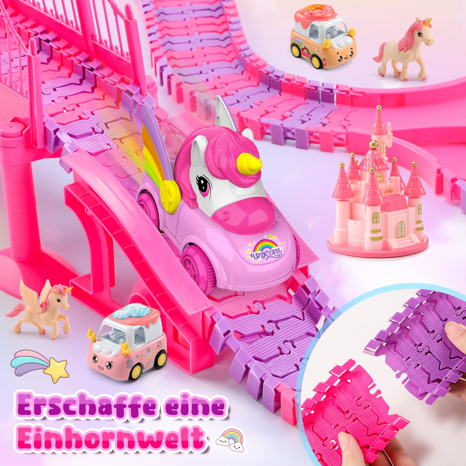 iKidiki Geschenk für Mädchen 3 4 5 6 7 8 Jahre Geburtstag, Rennstrecke Auto Kinder Einhorn Spielzeug Mädchen 3 4 5 6 7 8 Jahre Rennstrecke Elektroauto Spiel Mädchen 3-8 Jahre elektrischer Zug Kinder