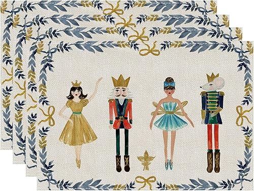 Juego de 4 manteles individuales con texto en inglés Merry Christmas The Nutcracker, decoración de mesa de invierno, 12 x 18 pulgadas