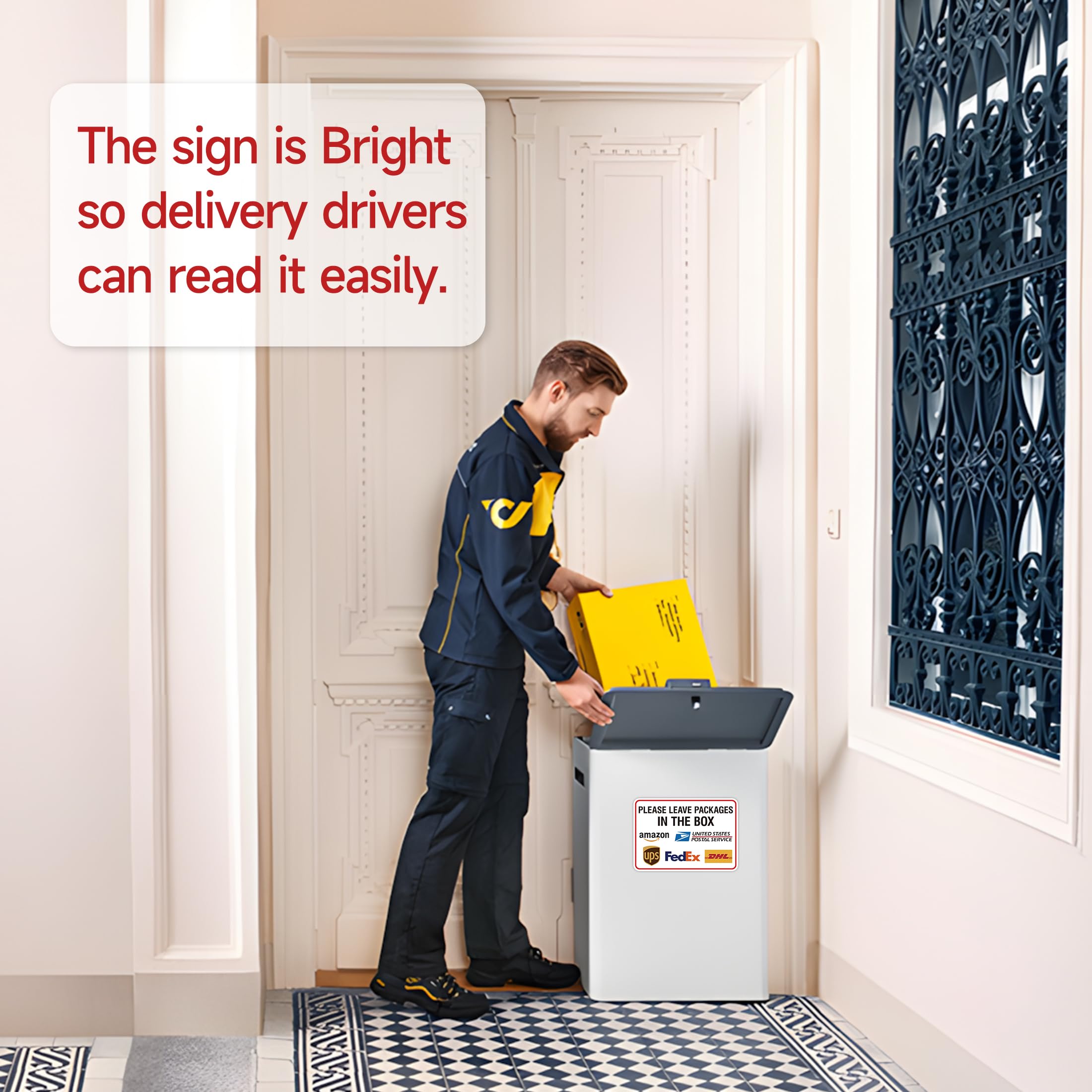 Znak "Please Leave Packages and Deliveries Here", samoprzylepne, odporne na warunki atmosferyczne znaki dostawy dla paczek, umieść paczki w pudełku do domu, biura, sklepu, pudełka, drzwi, 20 cm x 14
