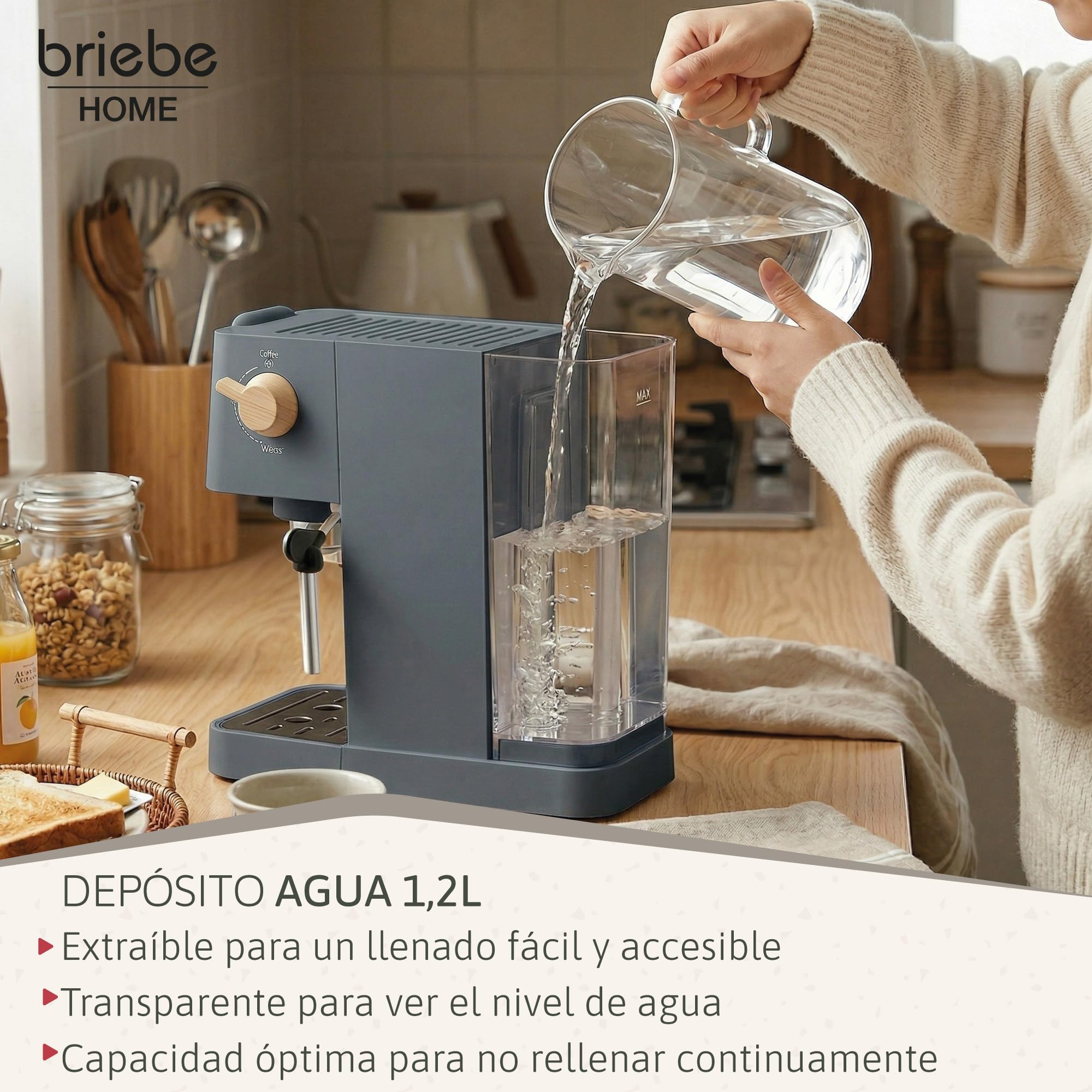 briebe Nordic Cafetera Espresso 20 Bares Compatible Cápsulas Nespresso y Café Molido, Máquina Café Semiautomática Profesional 1350W, Espumador Leche, Pantalla Táctil, 1,2L, Diseño Nórdico, Gris — view 9