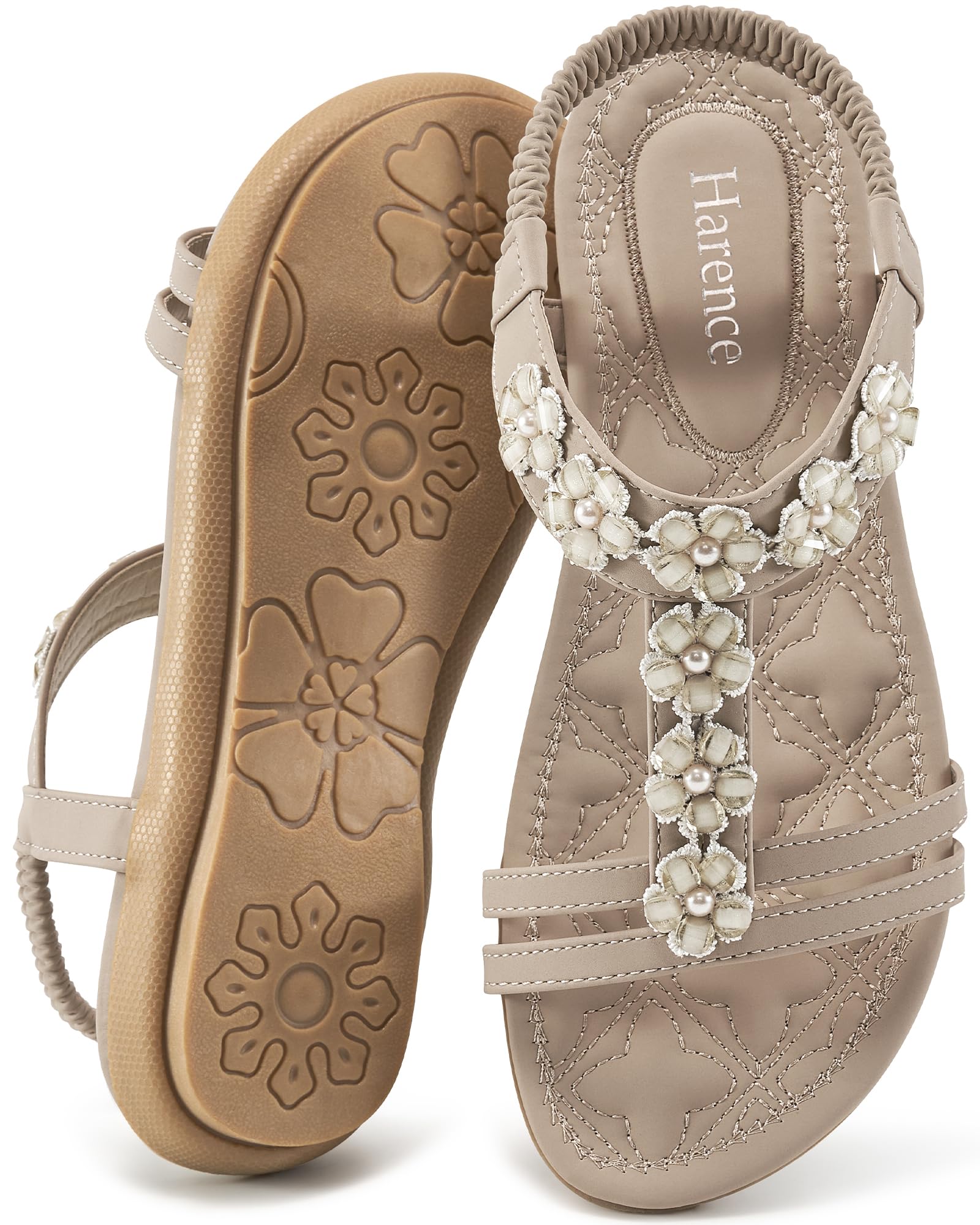 HARENCE Summer Flat Sandals for Women: Comfortable Bohemian Beaded Flats Shoes Elastic Ankle Strap Casual Walking Slip On Dress Sandal