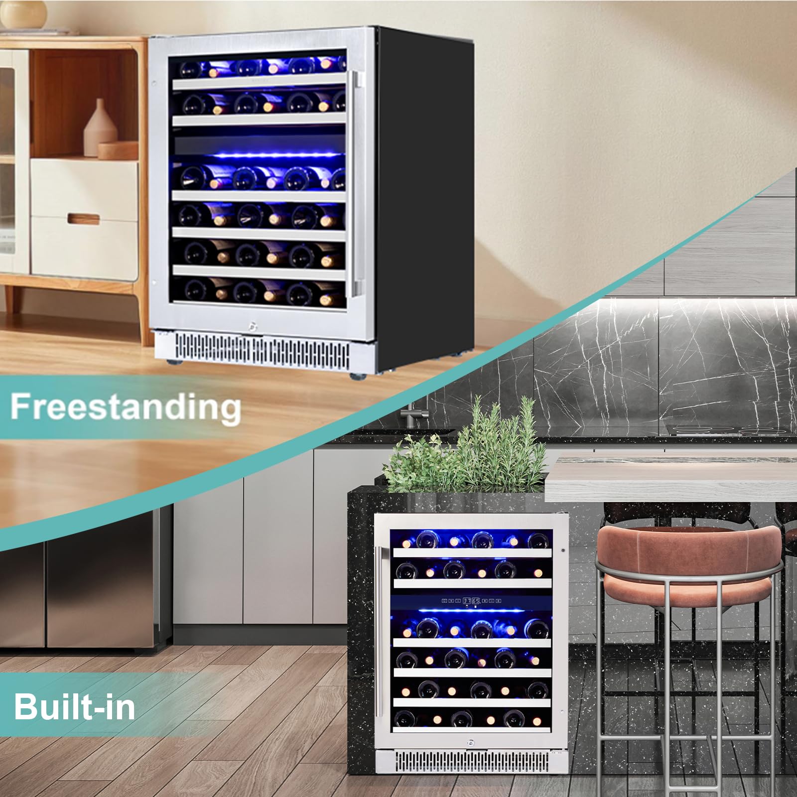 Akicon 24 Inch Wine Fridge, 46 Bottles Wine Cooler With Glass Door And Removable Shelves, 3-Color LED Light, Safety Lock, Freestanding Or Built-In For Home/Bar/Office on Fridge.com - View 6