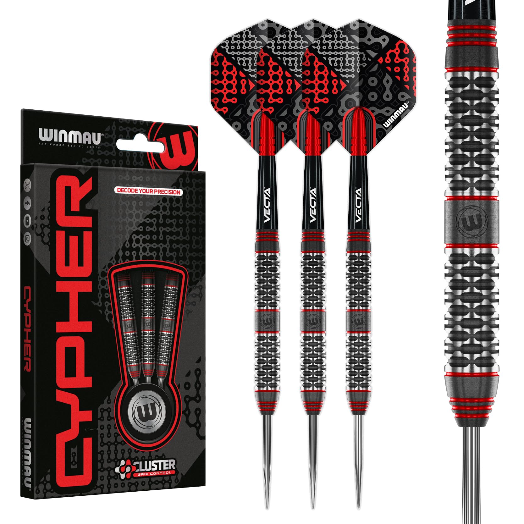 Winmau Darts Cypher 26g 90% Tungsten Steel Tip Darts Set with Dart Flights and Dart Shafts (Stems)