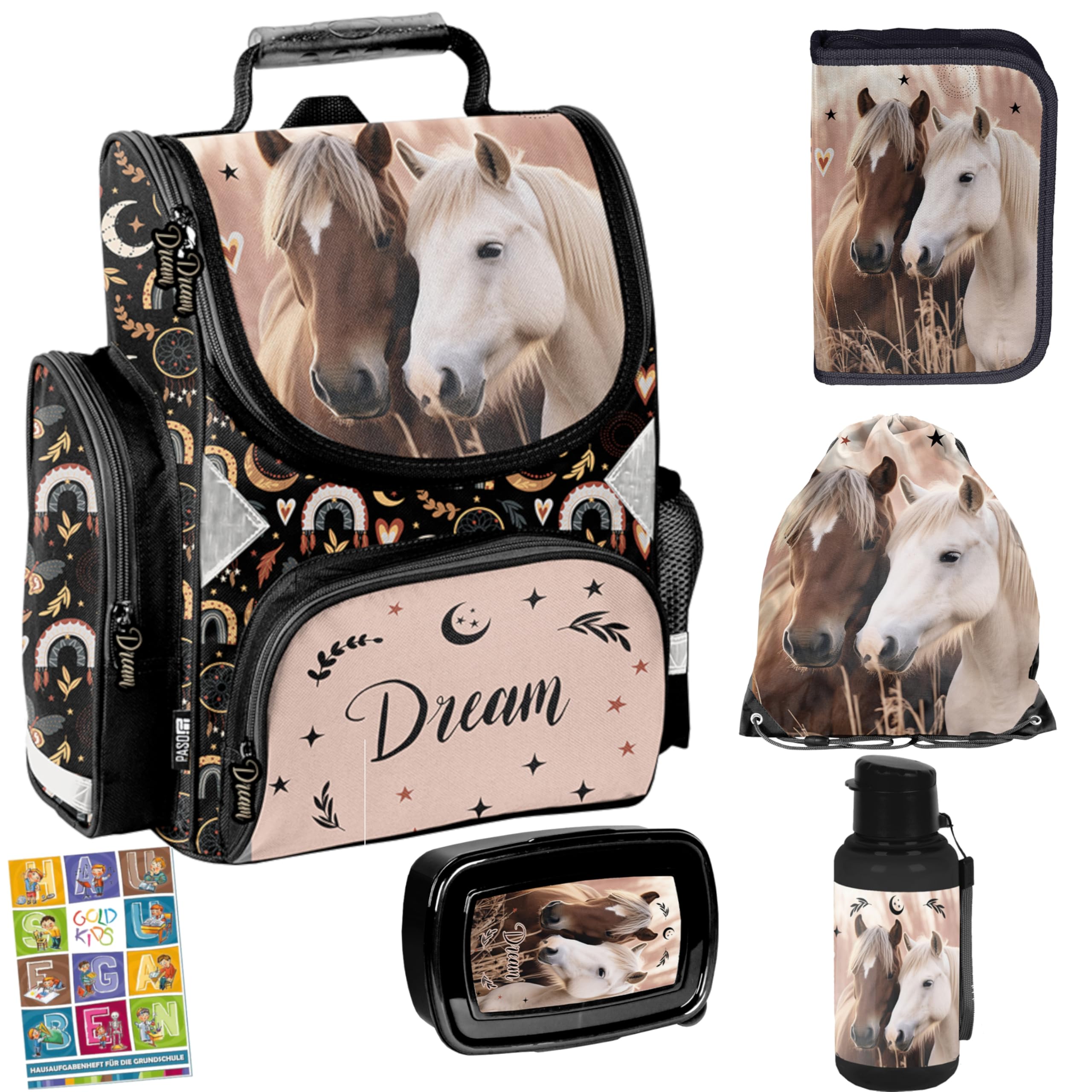PASO - Schulranzen für Jungen und Mädchen, 6er-Set - Schul-Rucksack für Kinder mit Federmäppchen - Schuhbeutel Trinkflasche und Brotdose - Pferde Motiv - 1-3 Klasse