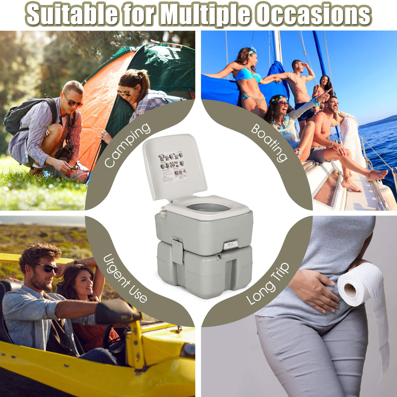 GOPLUS 20L+10L Toilette Portable avec Pompage d’Eau, Toilette Extérieure WC avec Indicateur Niveau d'eau,Tube de Purge Résistant aux Éclaboussures,ChargeMax 200KG,pour Camping,Pêche 41,5x36,5x42CM