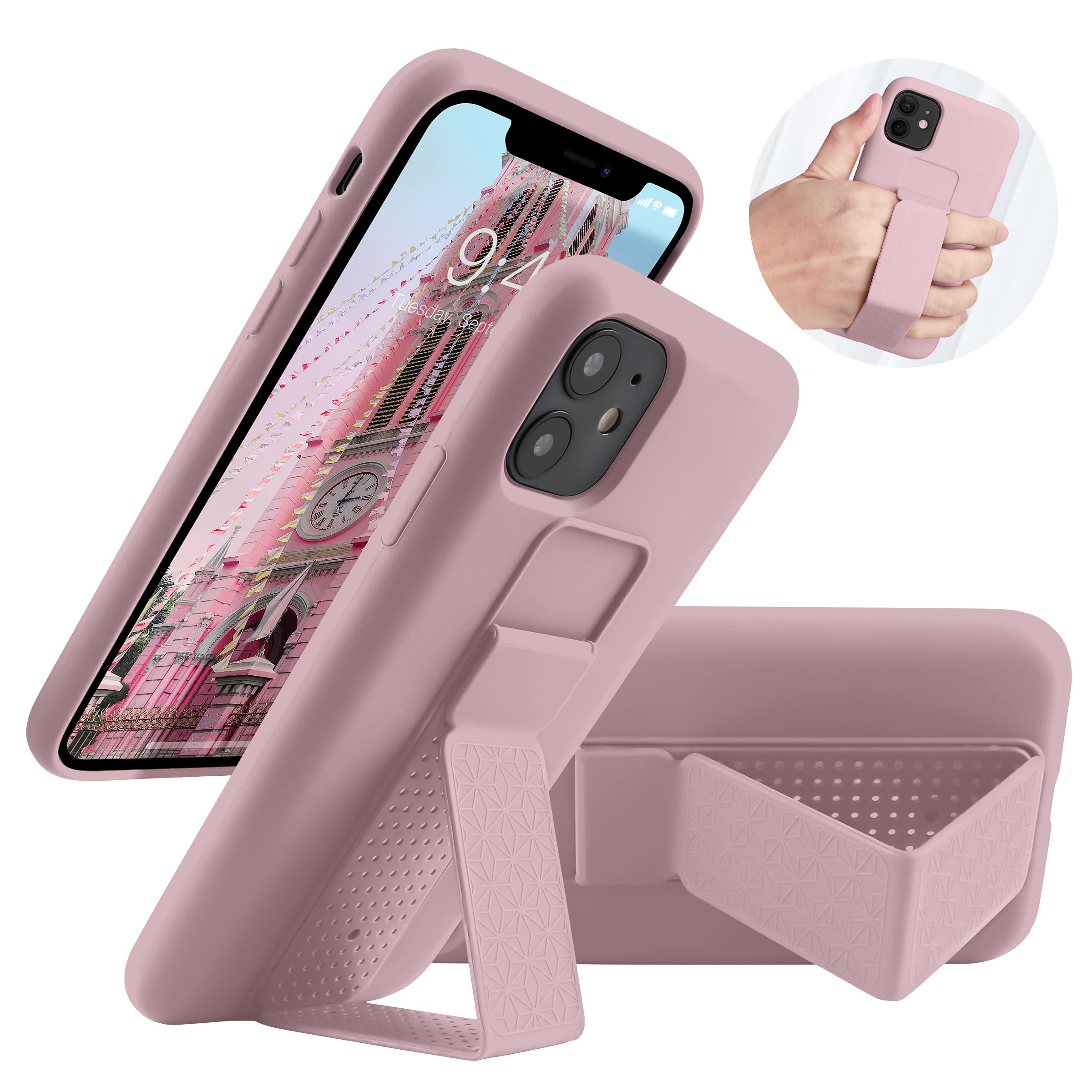 LAUDTEC Silicone Kickstand Case Compatible with iPhone 11, Vertical and Horizontal Stand Hand Strap Metal Kickstand Cover, Flexible Soft Liquid