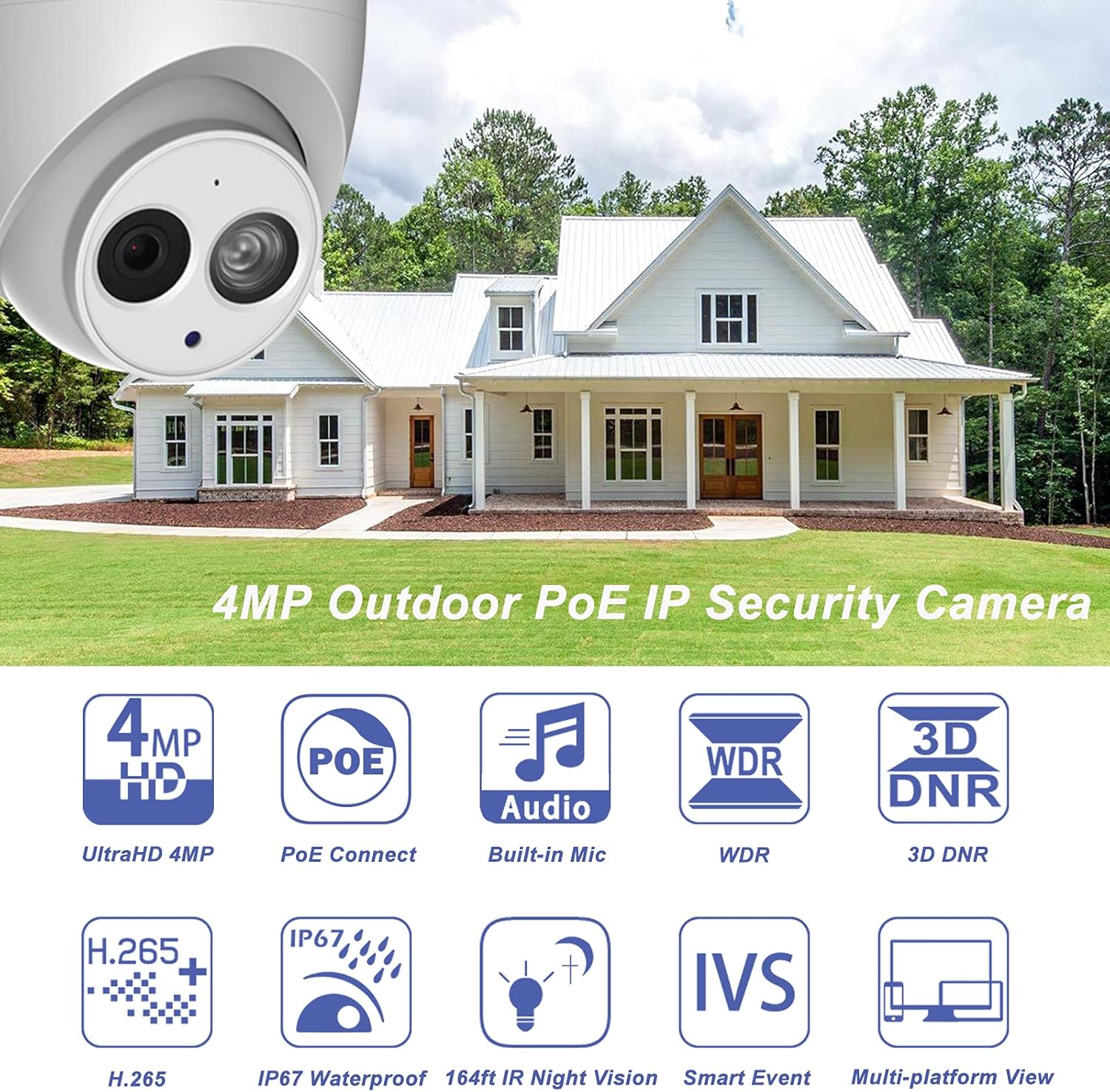 Suреr Sаlе 🛒 4MP PoE Turret IP Camera - OEM IPC-HDW4433C-A 3.6mm Outdoor Dome Security Camera with 164ft IR Night Vision, Built-in Mic, H.265+, WDR, DNR, IP67 Waterproof