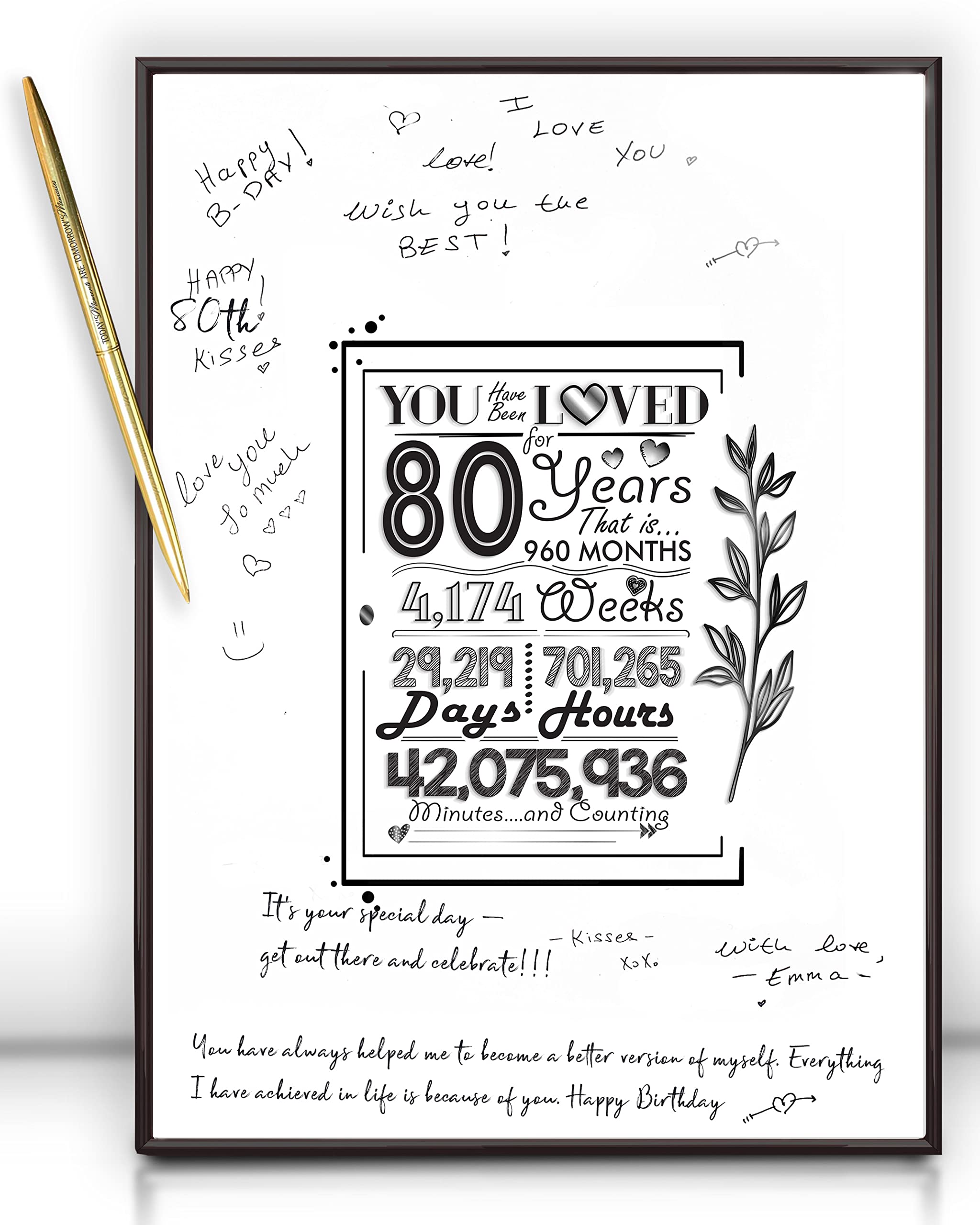 DOUBLESHOOT Black Frame 80th Birthday Decorations Sign Poster for Men Women 12"x16"- 80 Birthday Party Favors, Guest Book Alternative â€“ with Pen & Wall Hanger â€“ 80 Years Old Gifts for Men or Women