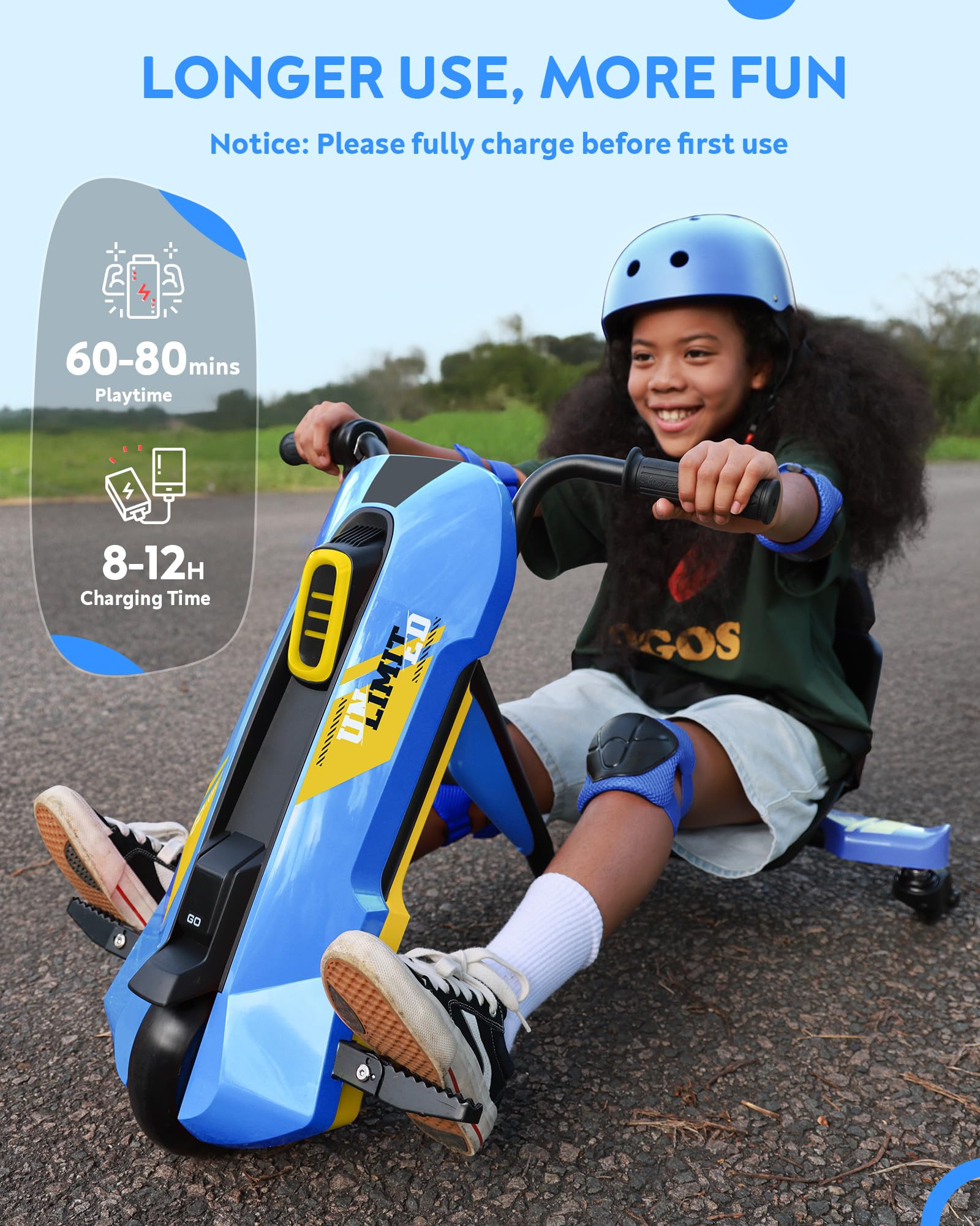 Electric Go Kart for Kids Ages 6-12- 12V Drifting Go Cart Shift - 360° Spin, Twist Grip, Stepless Speed, Max 5 MPH, 3 Adjustable Seat, Music, Bluetooth, Drift Kart for Rider up to 132 lbs, Blue