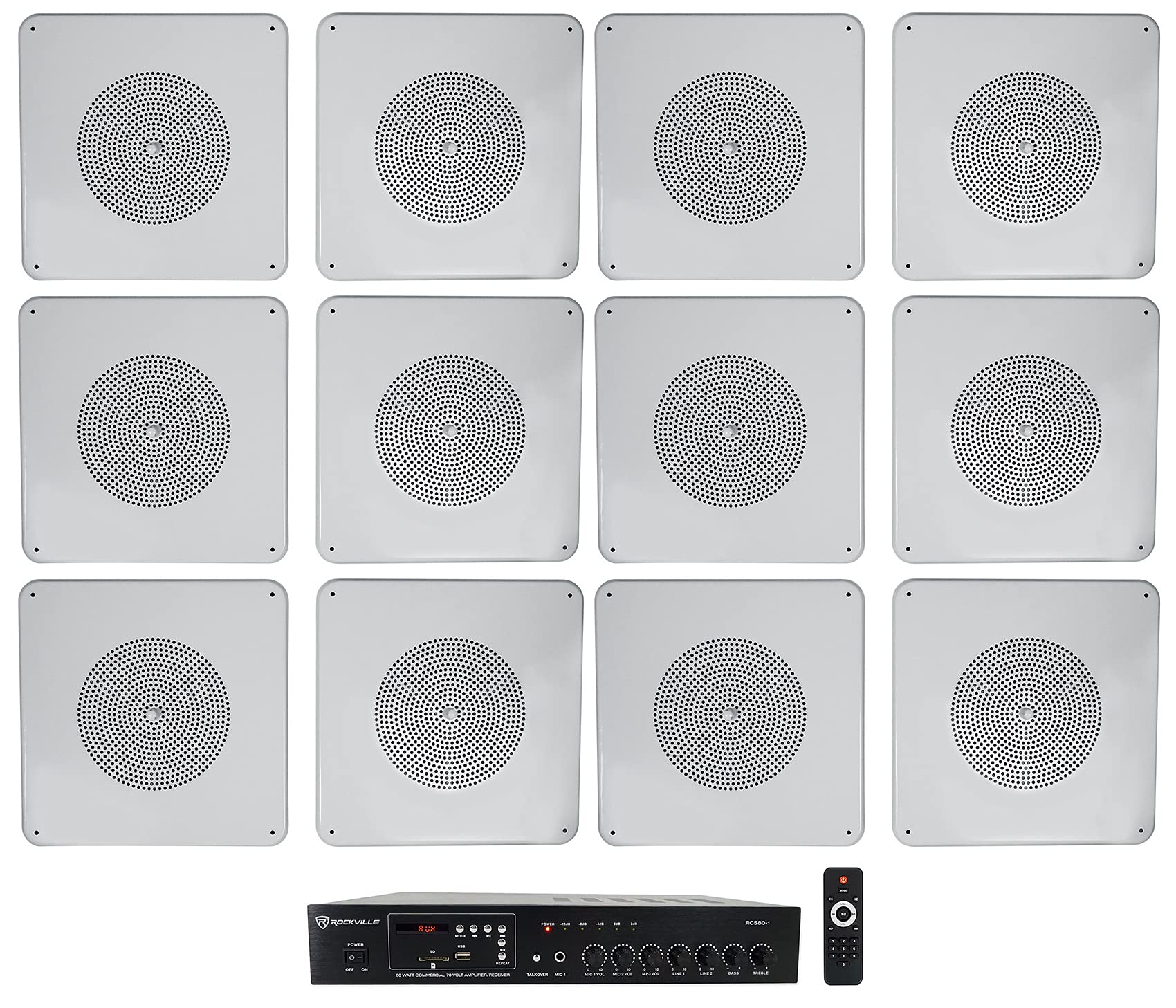 Rockville RCS80-1 60 Watt 70v Commercial/Restaurant Amplifier/Bluetooth Receiver Bundle with (12) MS81 Metal 8