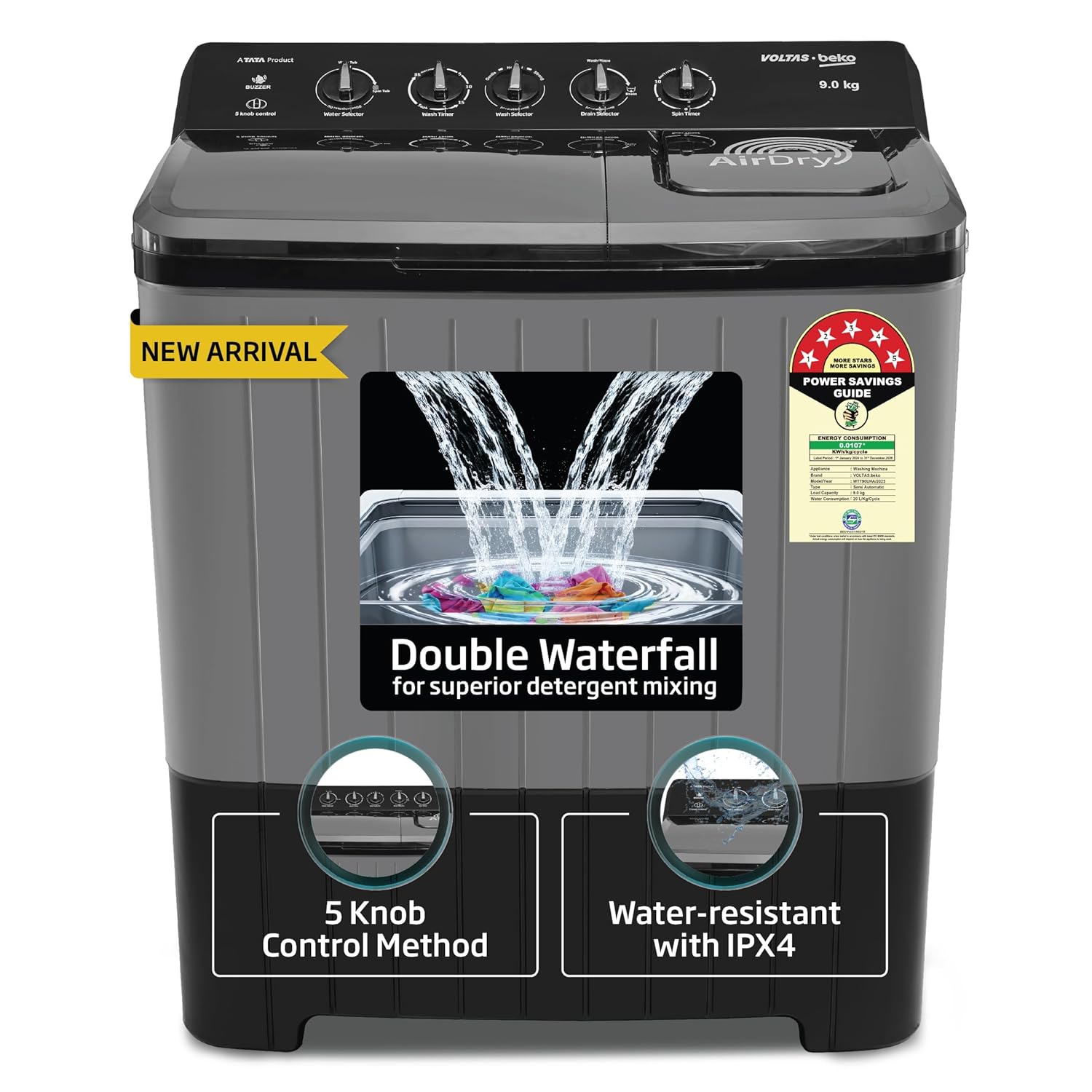 Voltas Beko, A Tata Product 9 Kg 5 Star Semi-Automatic Top Loading Washing Machine (WTT90UHA/OK5B1B1S23, Black, Pulsator Wash Method and Double waterfall technology) Voltas Beko, A Tata Product 9 Kg 5 Star Semi-Automatic Top Loading Washing Machine (WTT90UHA/OK5B1B1S23, Black, Pulsator Wash Method and Double waterfall technology)