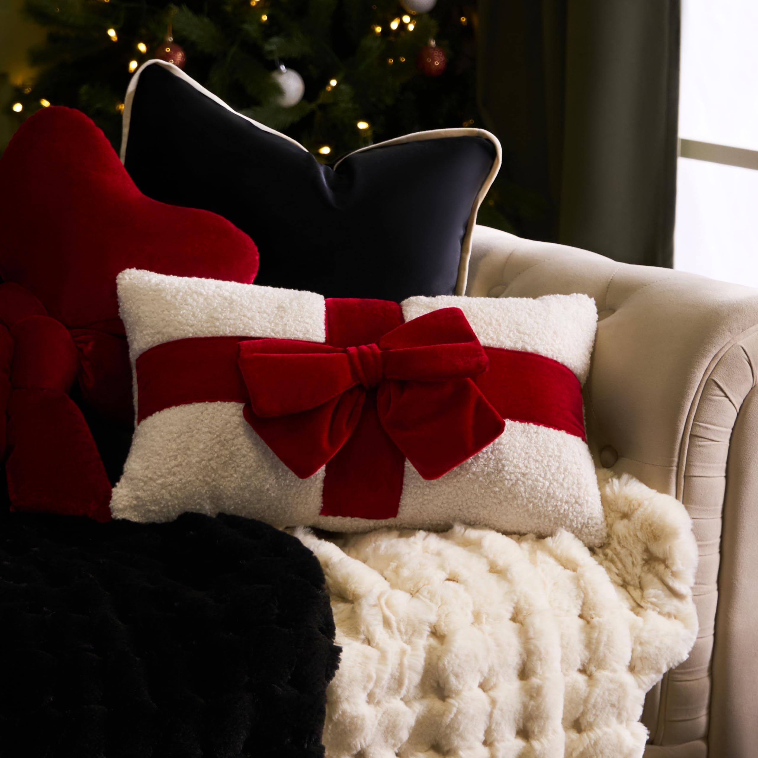 OHS Bow Wrapped Boucle Throw Pillow Cushion - Red - 30 x 50 cm
