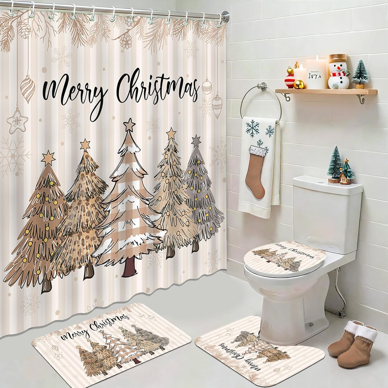 Mocsicka Christmas Shower Curtain Set for Bathroom, 4Pcs Beige Stripes Xmas Tree Bathroom Sets with Non Slip Rugs, Toilet Lid Cover, Bath Mat, Shower Curtain, Bathroom Decor with 12 Hooks