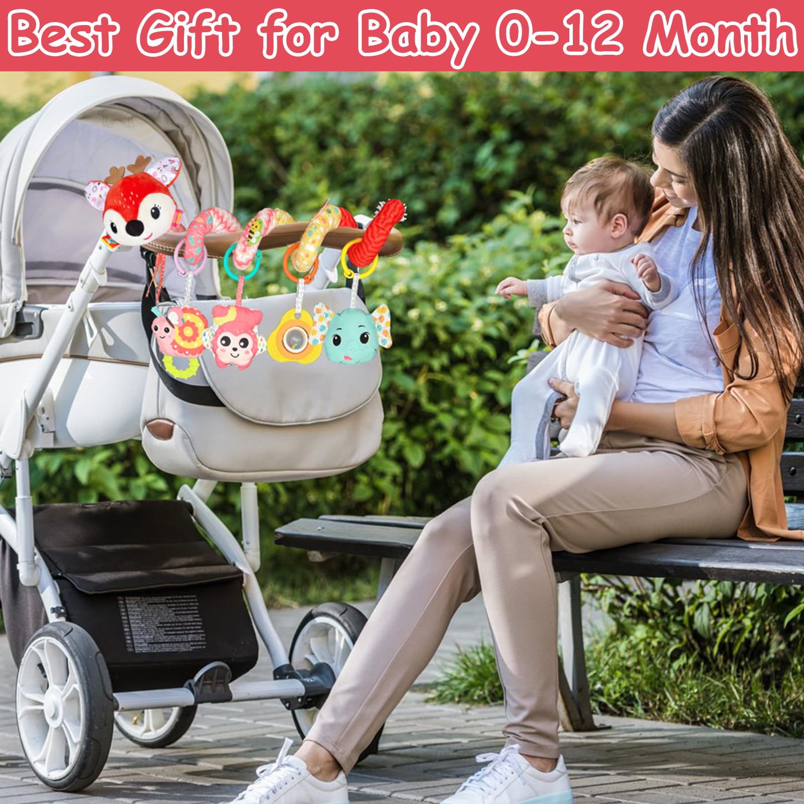 Spirale Passeggino Neonato Giochi 0-3 Mesi, Neonato Accessori Utili, Sonaglio Giochi Passeggino con Musicali, Regali per Neonati per Bambini da 6 a 12 Mesi, Peluche Cervo