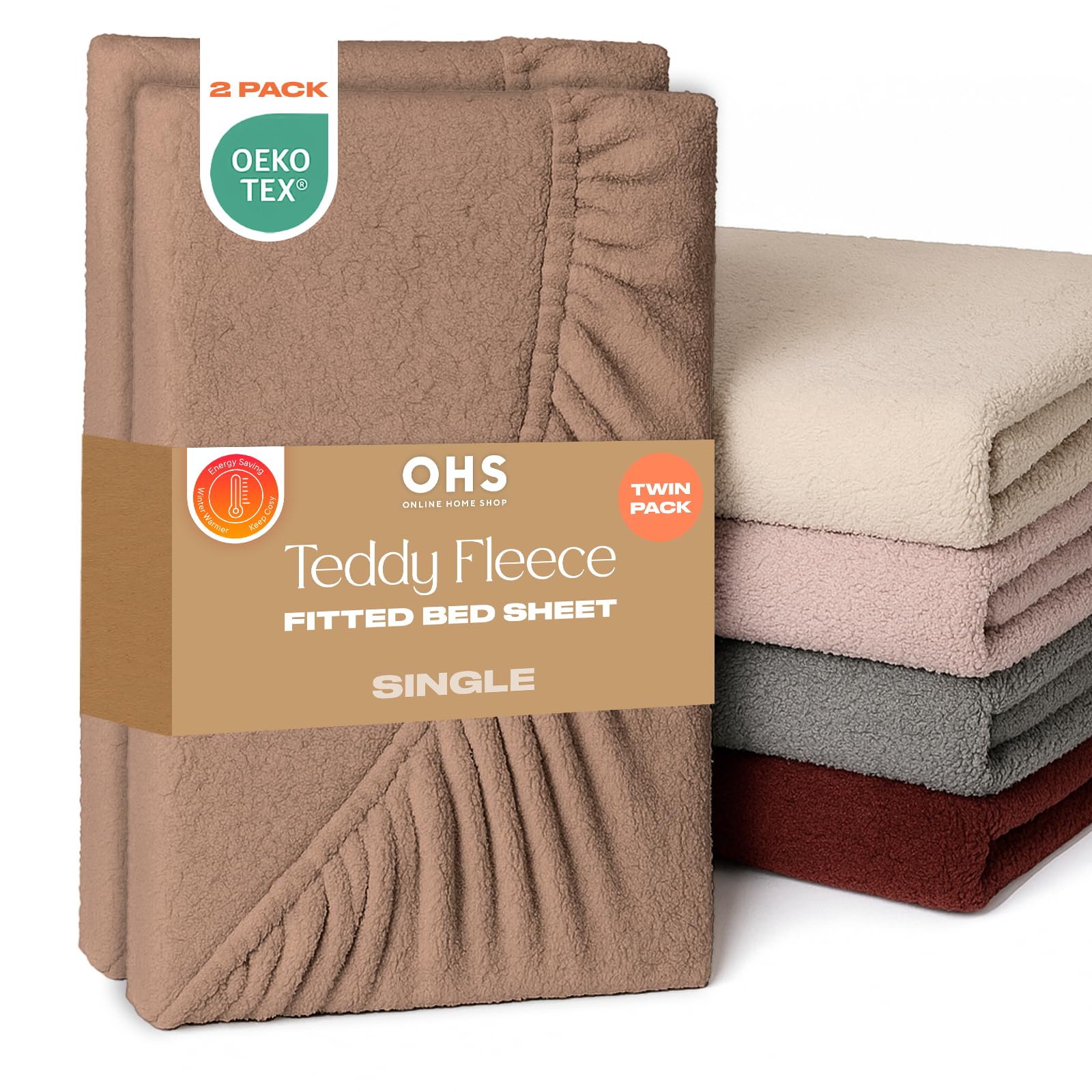Brentfords Mink Teddy Fleece Fitted Sheet, Soft Warm Thermal Single Sheets 2 Pack Teddy Bear Bedding Bed Cover Deep Pocket 25Cm Fade Resistant Cuddly Cosy Fluffy Bedding, - Single
