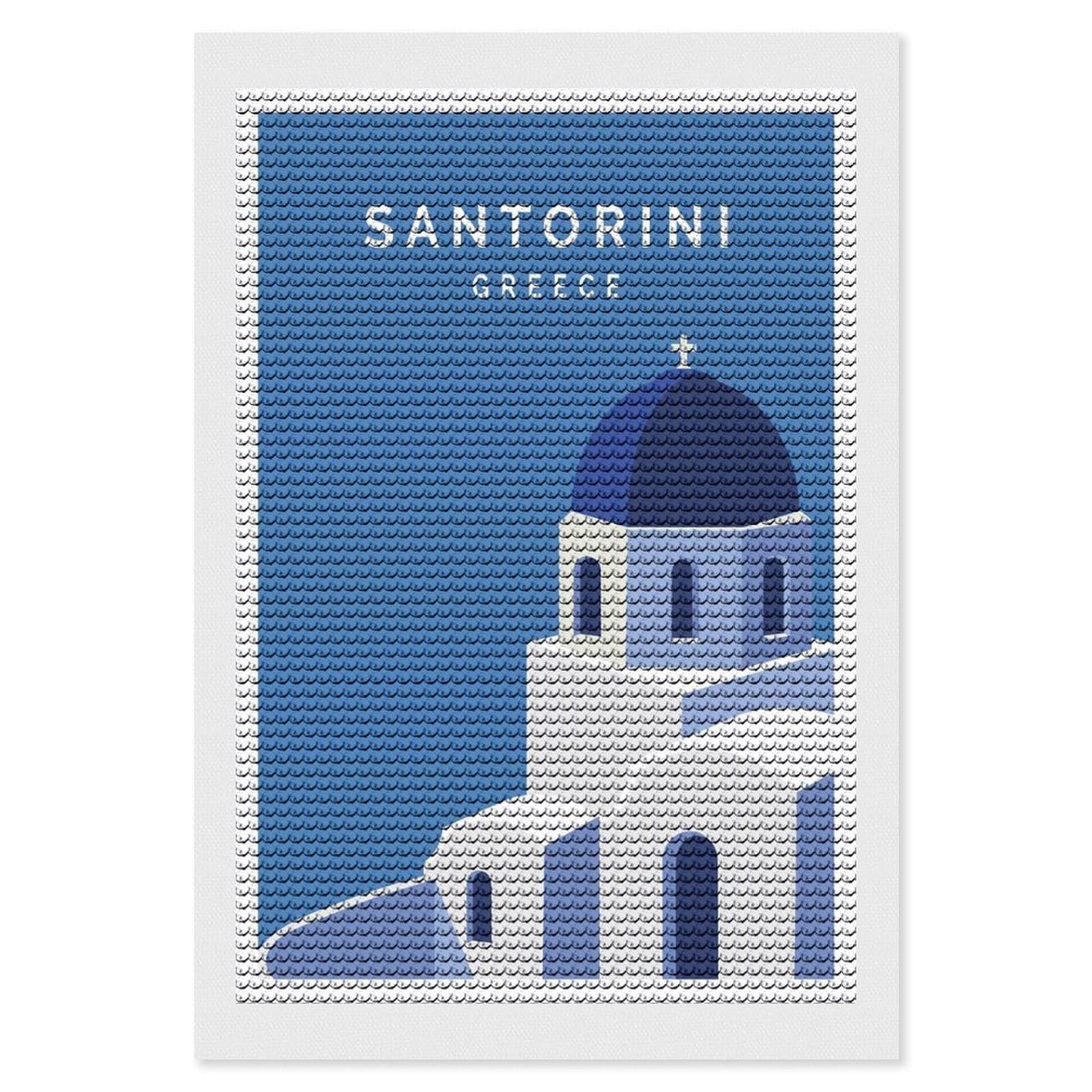Junmoney Santorini Greece Minimalist Travel Diamond Painting Set 8"x12", for Adults, Decorate Your Room, Thoughtful Handmade Gift, Boho Decor, with Tool Kit