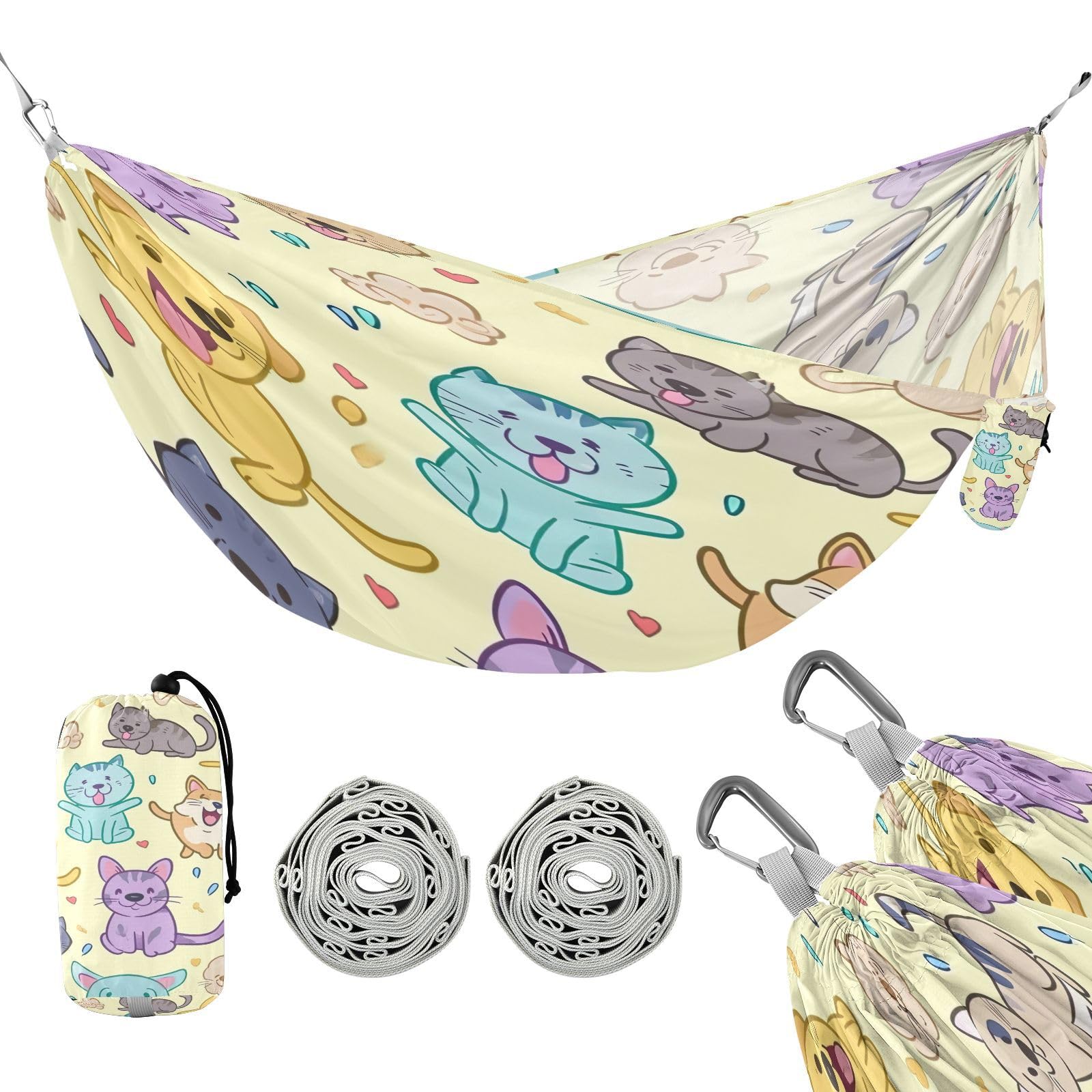 ATTX Cute Cat Camping Hammock - Lightweight & Portable Hammocks, Heavy Duty 330lbs Capacity for Indoor, Hiking, Backpacking, Travel, Backyard, Beach#452