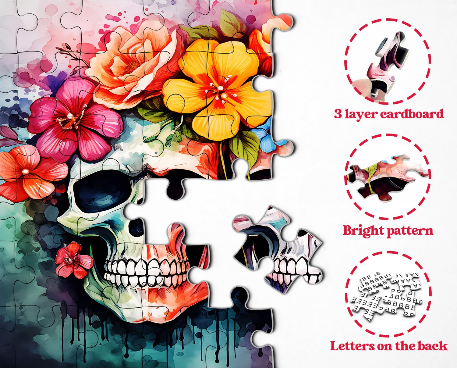 Day Of The Dead Skull Puzzle 1000 Pieces - Colorful Flower Art Halloween Puzzle For Adults