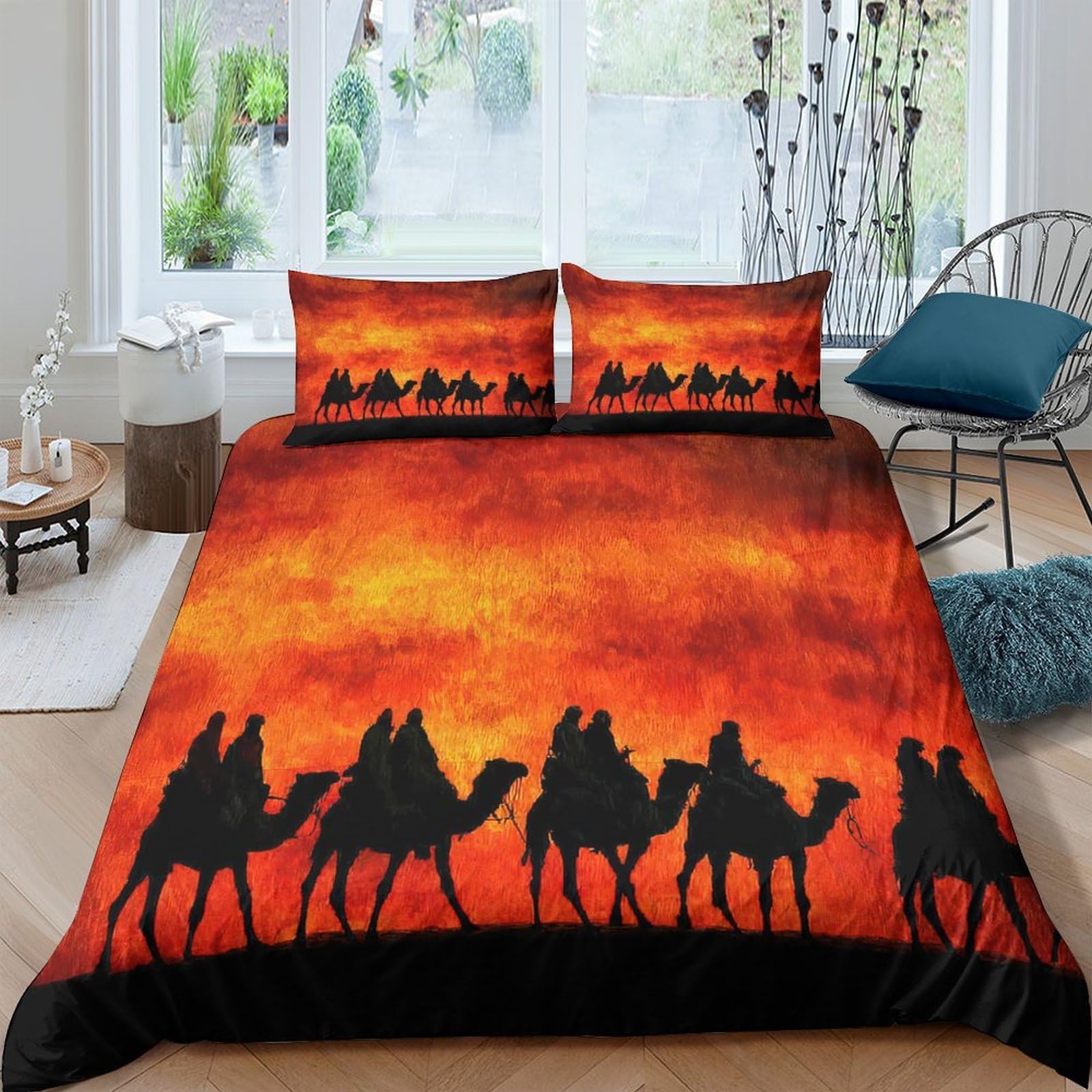 Ctjqhvkz Style-2 3D Printed Desert Caravan Fitted Sheet Microfiber Soft Orange Sunset Mattress Cover For Bedroom Dorm Decor Single（135X200cm）